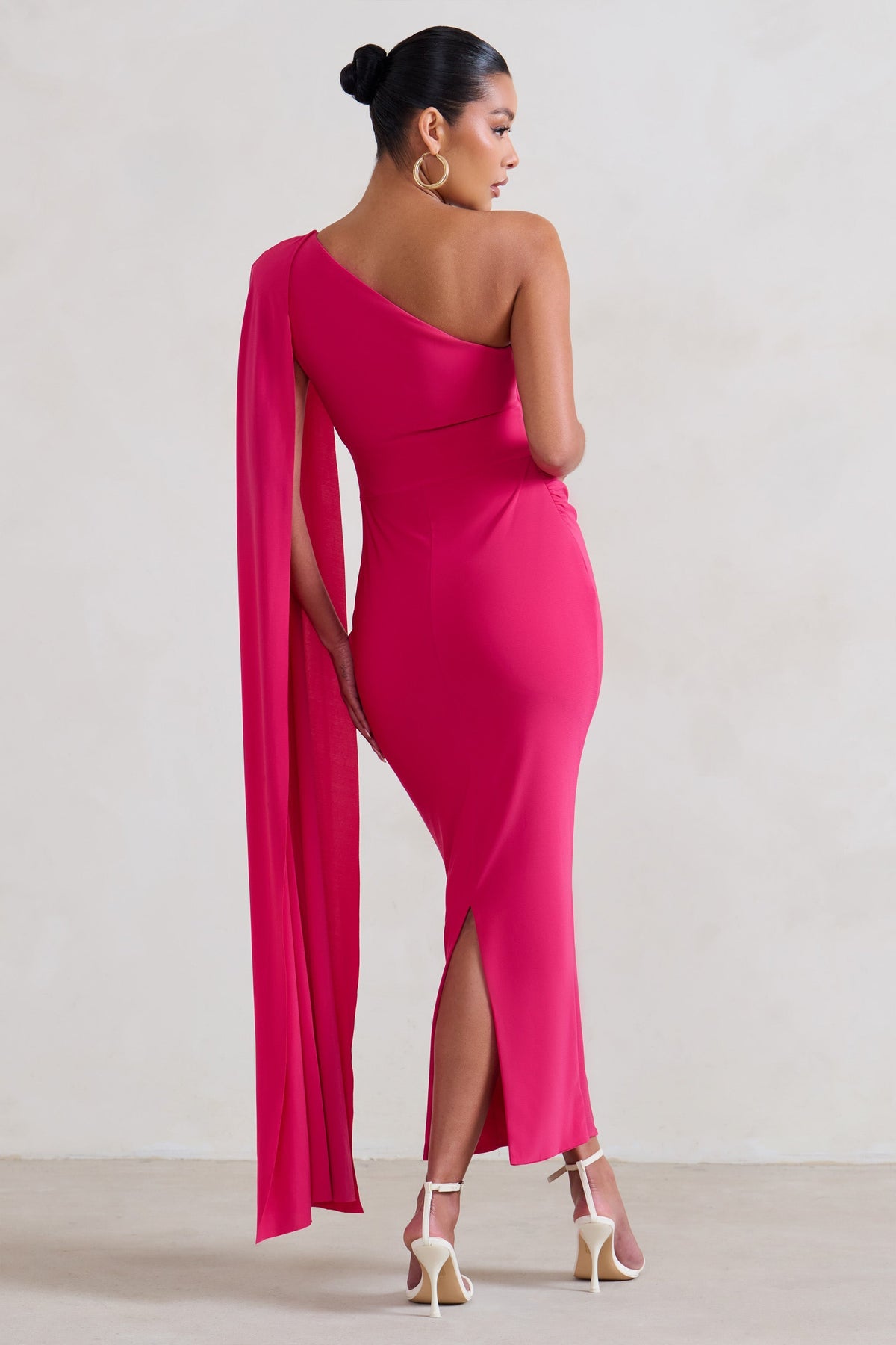 Amaryllis | Hot Pink Maternity One Shoulder Maxi Dress with Cape Sleeve