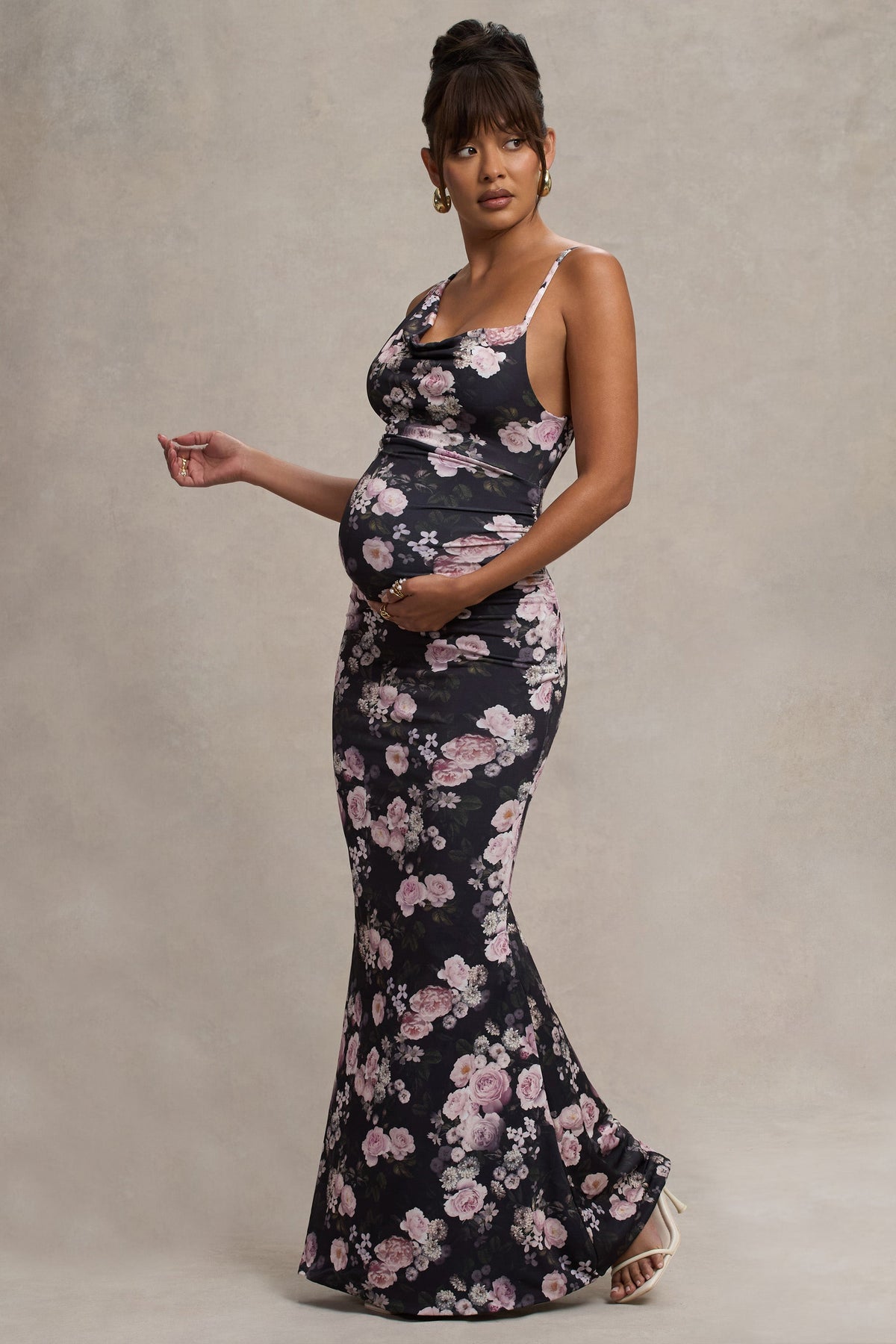 Phantasy | Black Floral Maternity Cowl Neck Maxi Dress