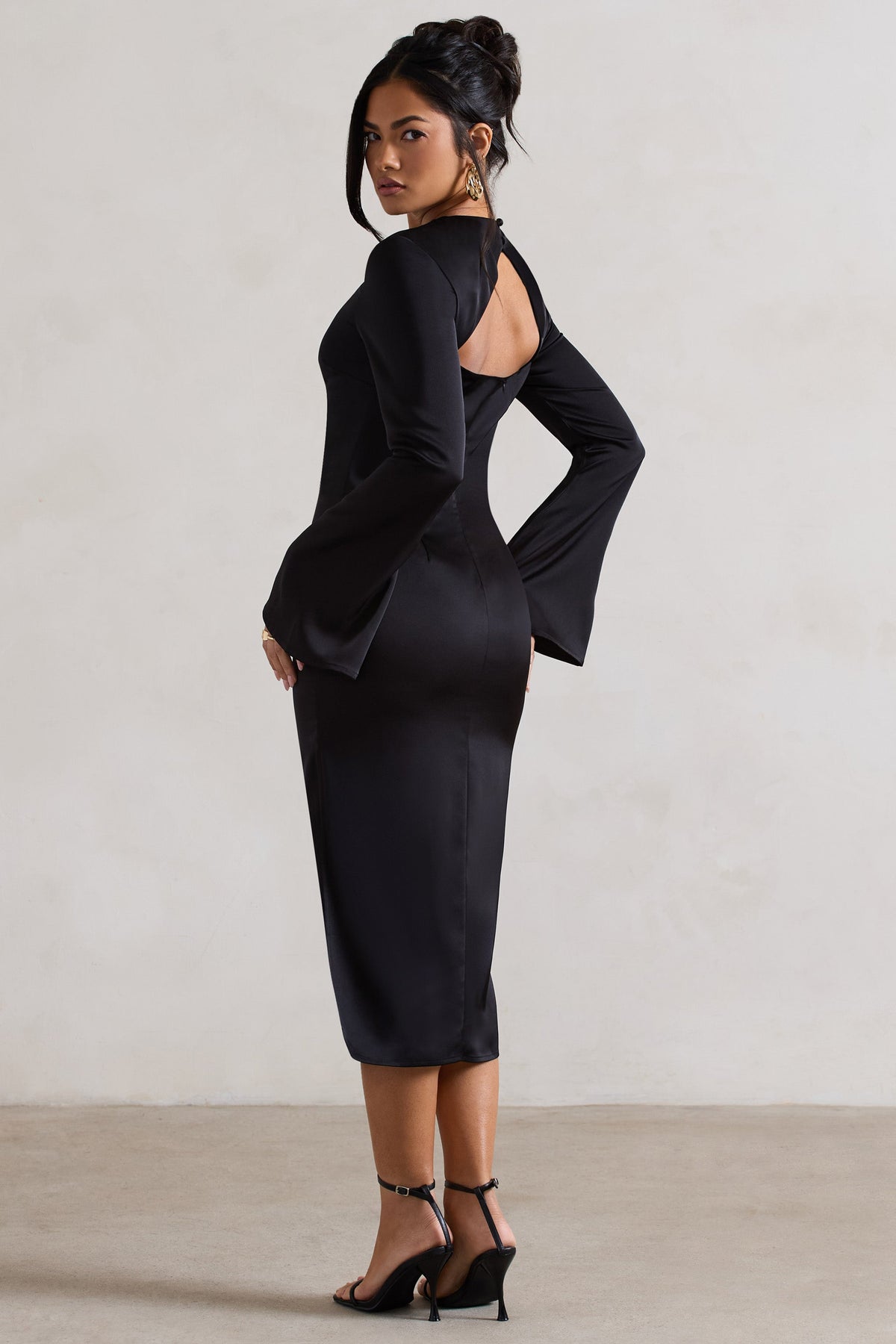 Zaina | Black Long Sleeve Midi Dress with High Neckline