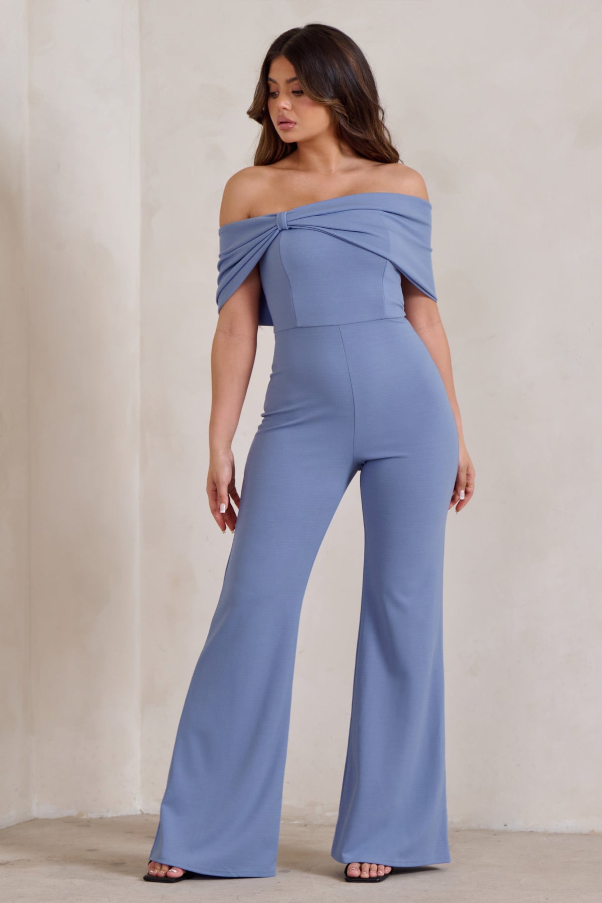 Zoey | Blue Bardot Bow Detail Jumpsuit