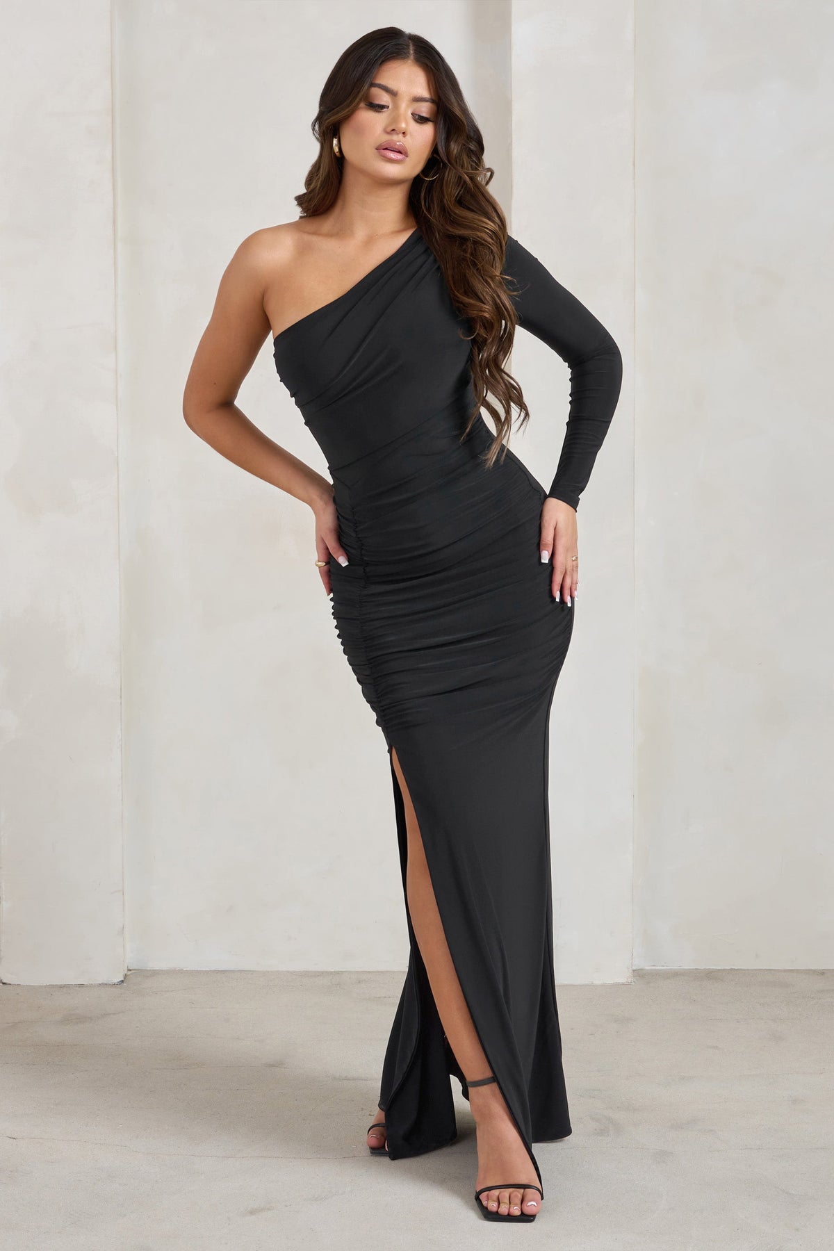 Doll | Black Asymmetric One Sleeve Ruched Maxi Dress