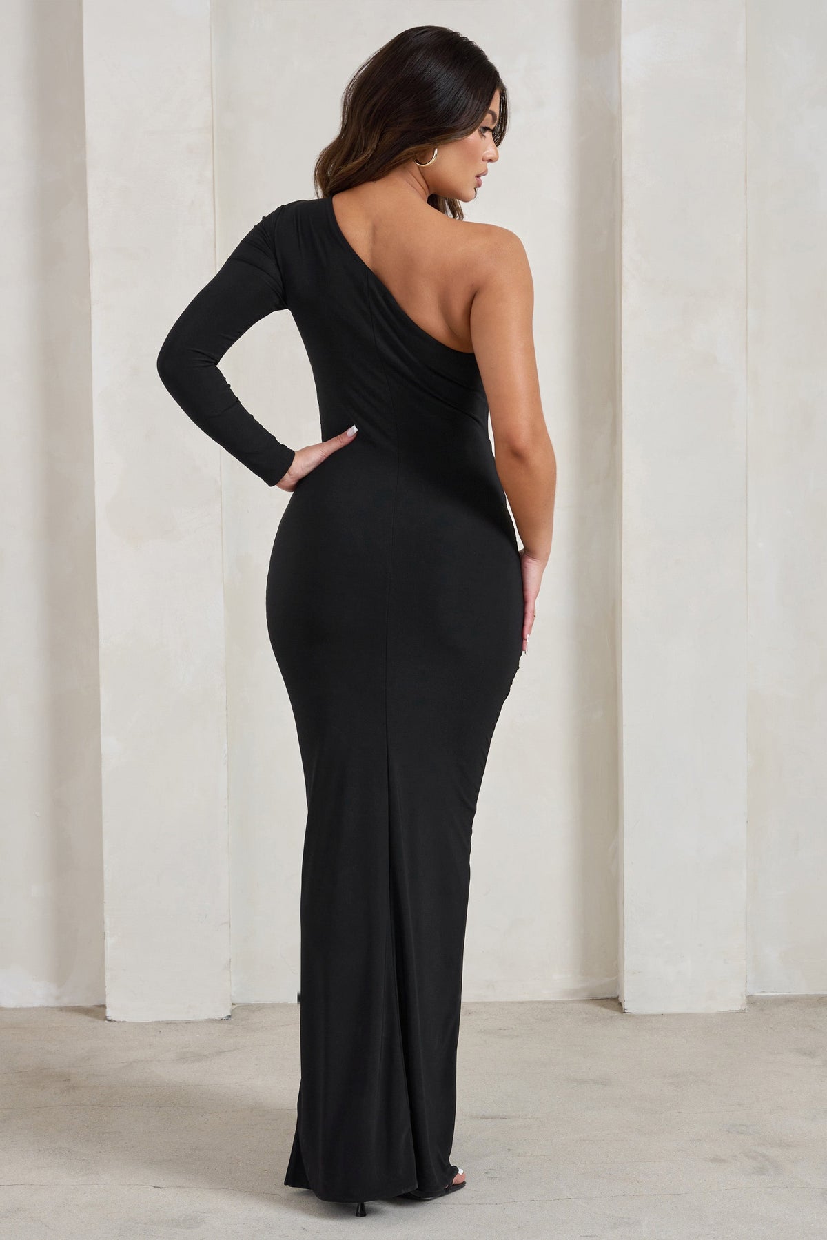 Doll | Black Asymmetric One Sleeve Ruched Maxi Dress