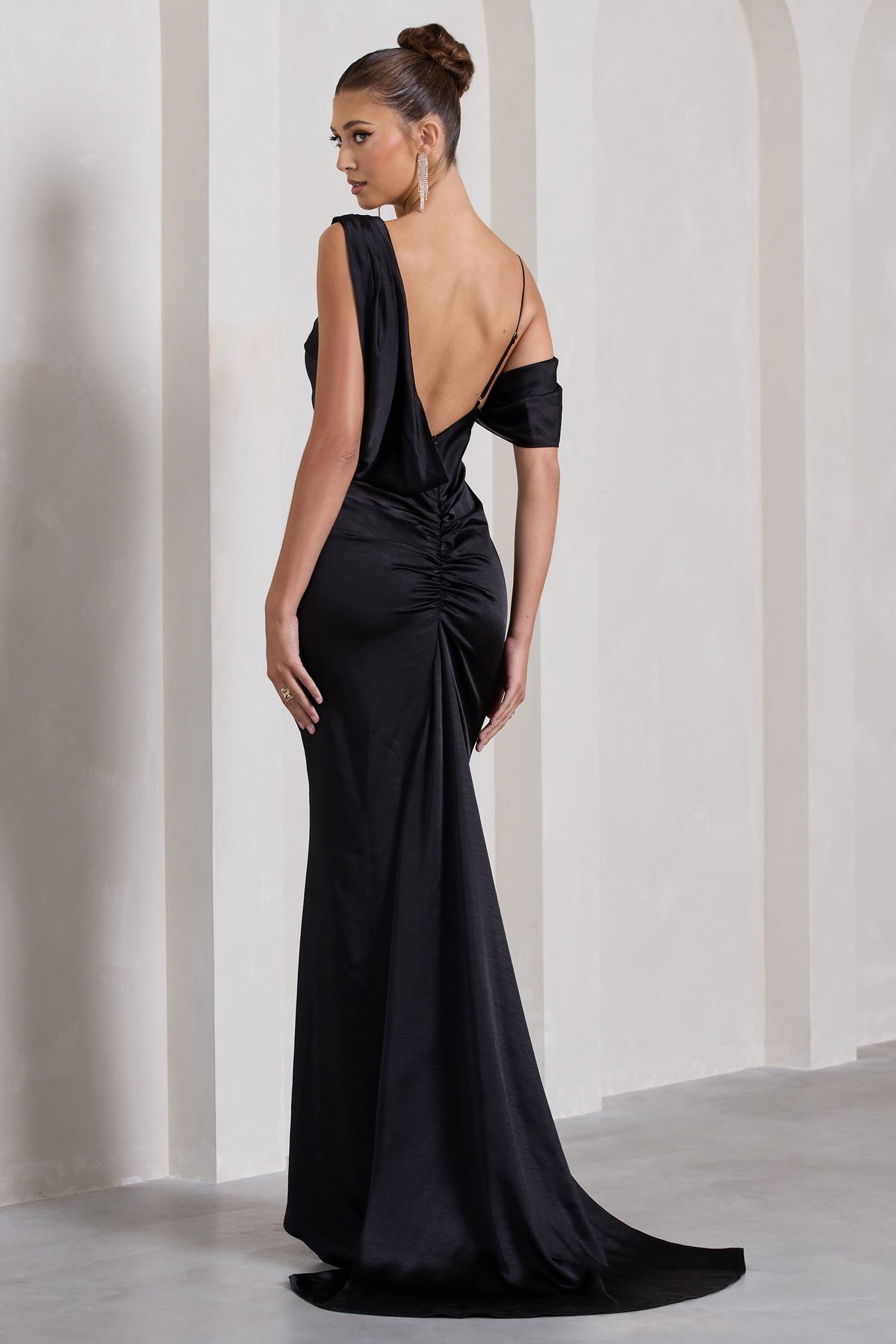 Jayne | Black Satin Asymmetric Draped Split Maxi Dress