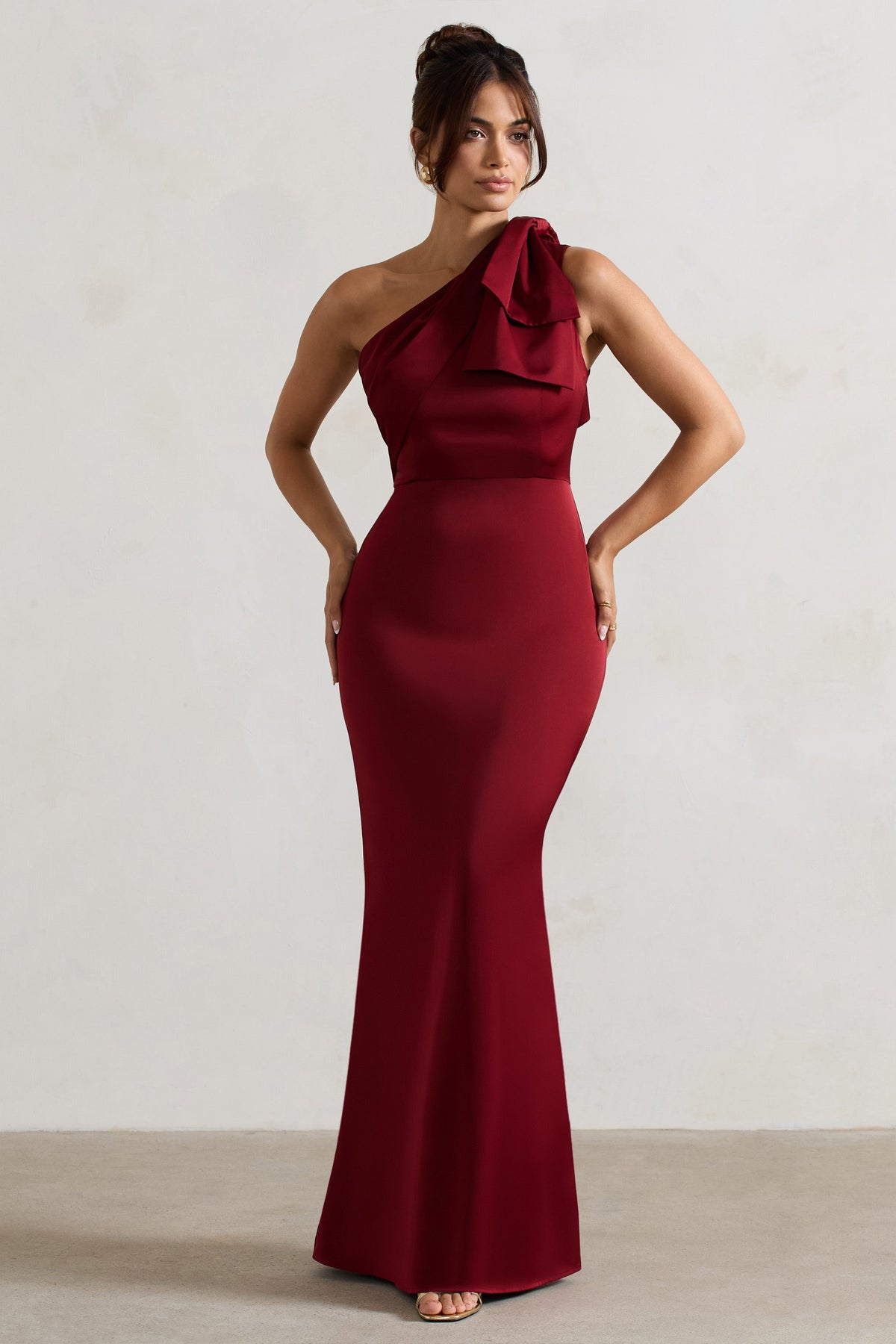 Lady | Berry Satin Asymmetric Maxi Dress With Bow