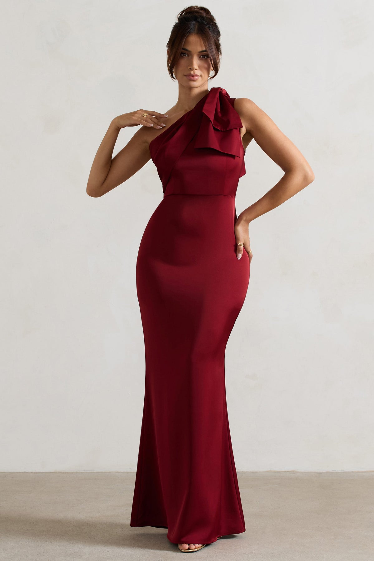 Lady | Berry Satin Asymmetric Maxi Dress With Bow