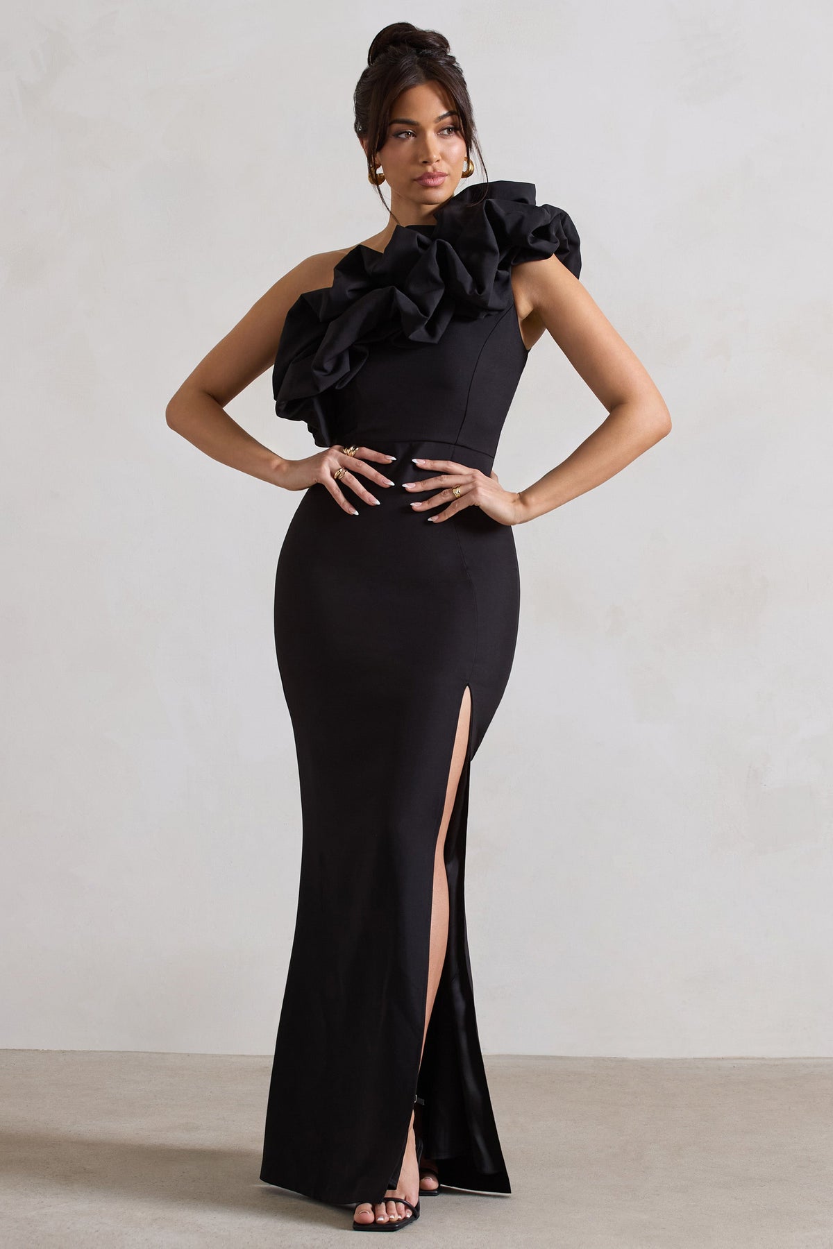 Vienne | Black Asymmetric Ruffle Split Maxi Dress