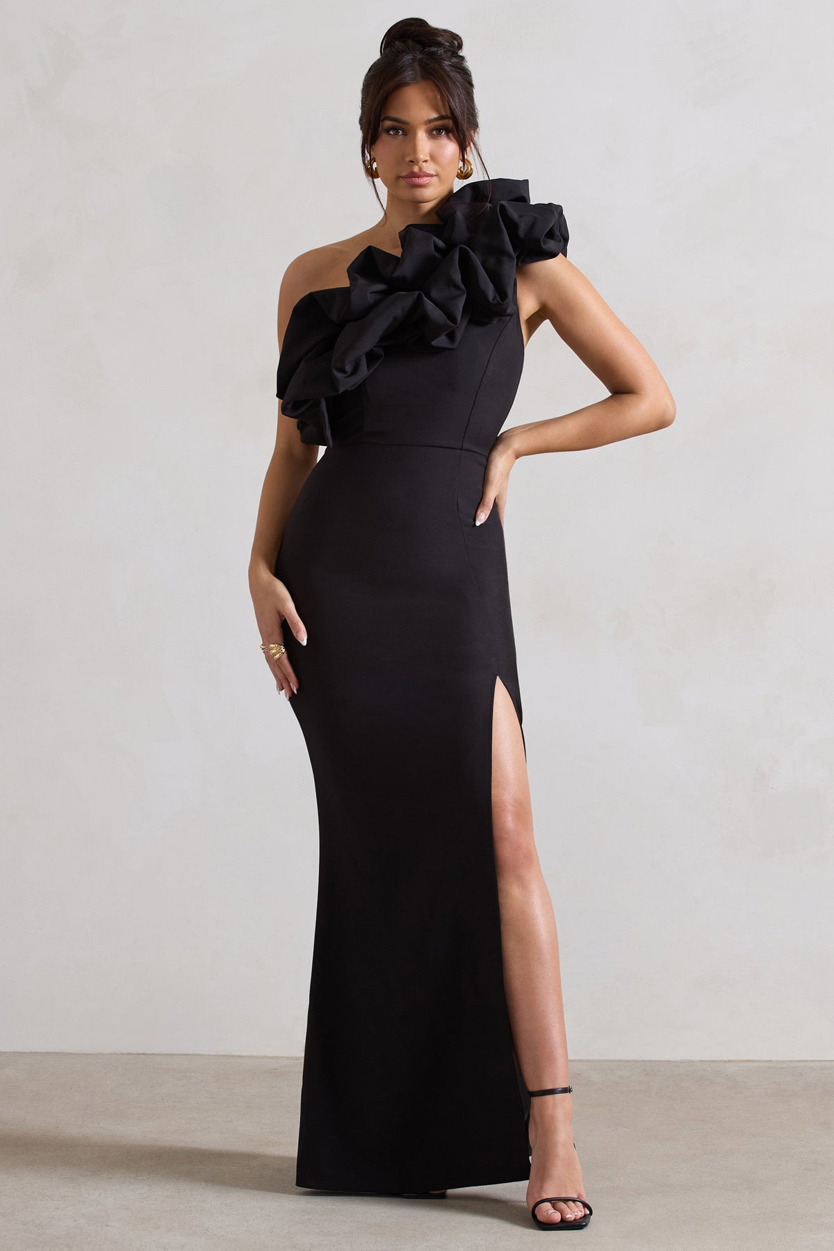 Vienne | Black Asymmetric Ruffle Split Maxi Dress