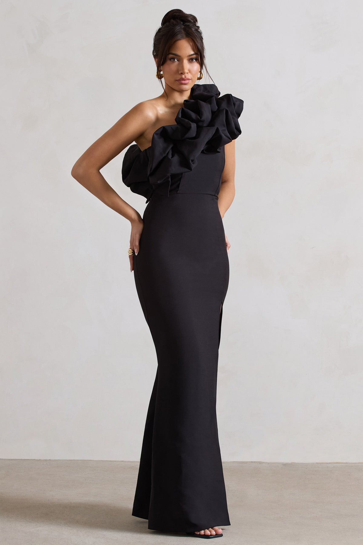 Vienne | Black Asymmetric Ruffle Split Maxi Dress