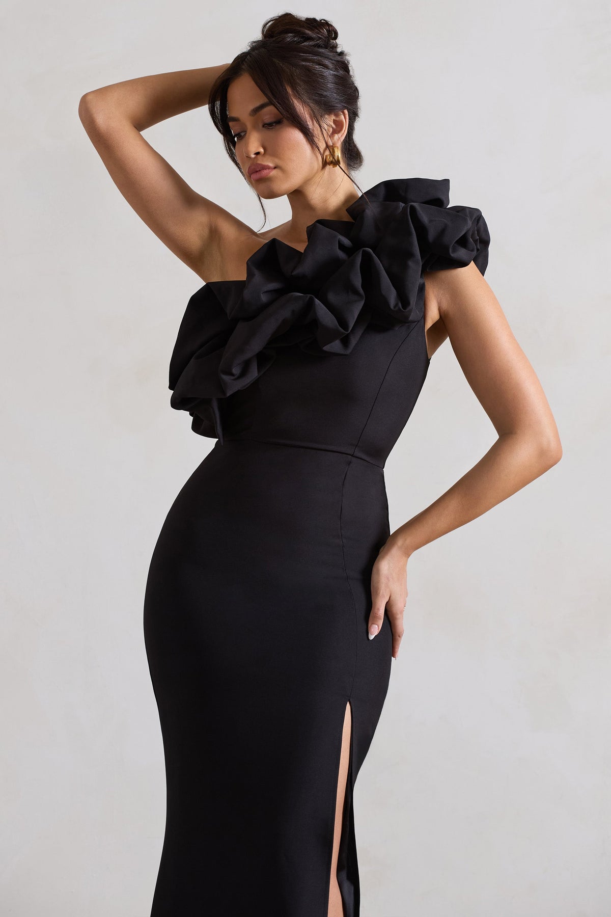 Vienne | Black Asymmetric Ruffle Split Maxi Dress