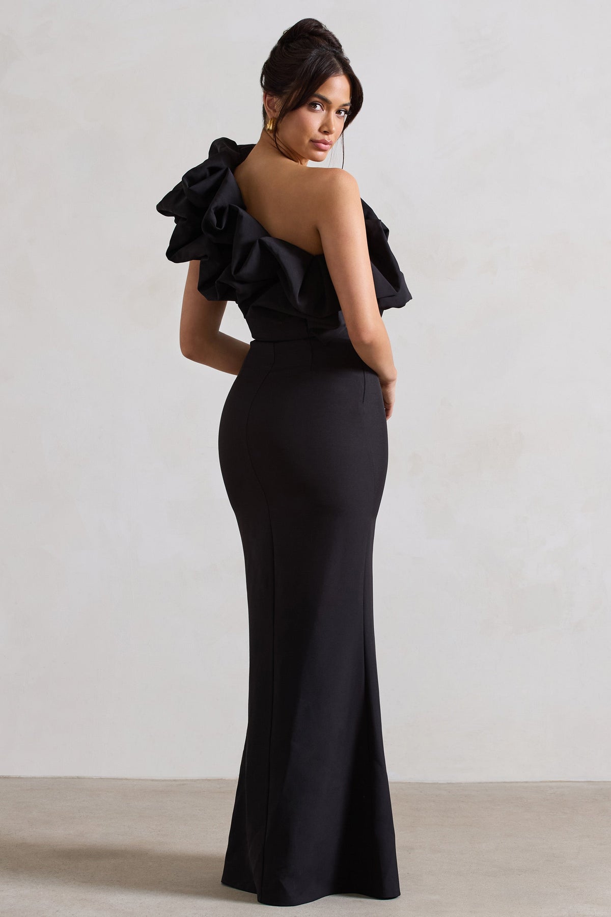 Vienne | Black Asymmetric Ruffle Split Maxi Dress