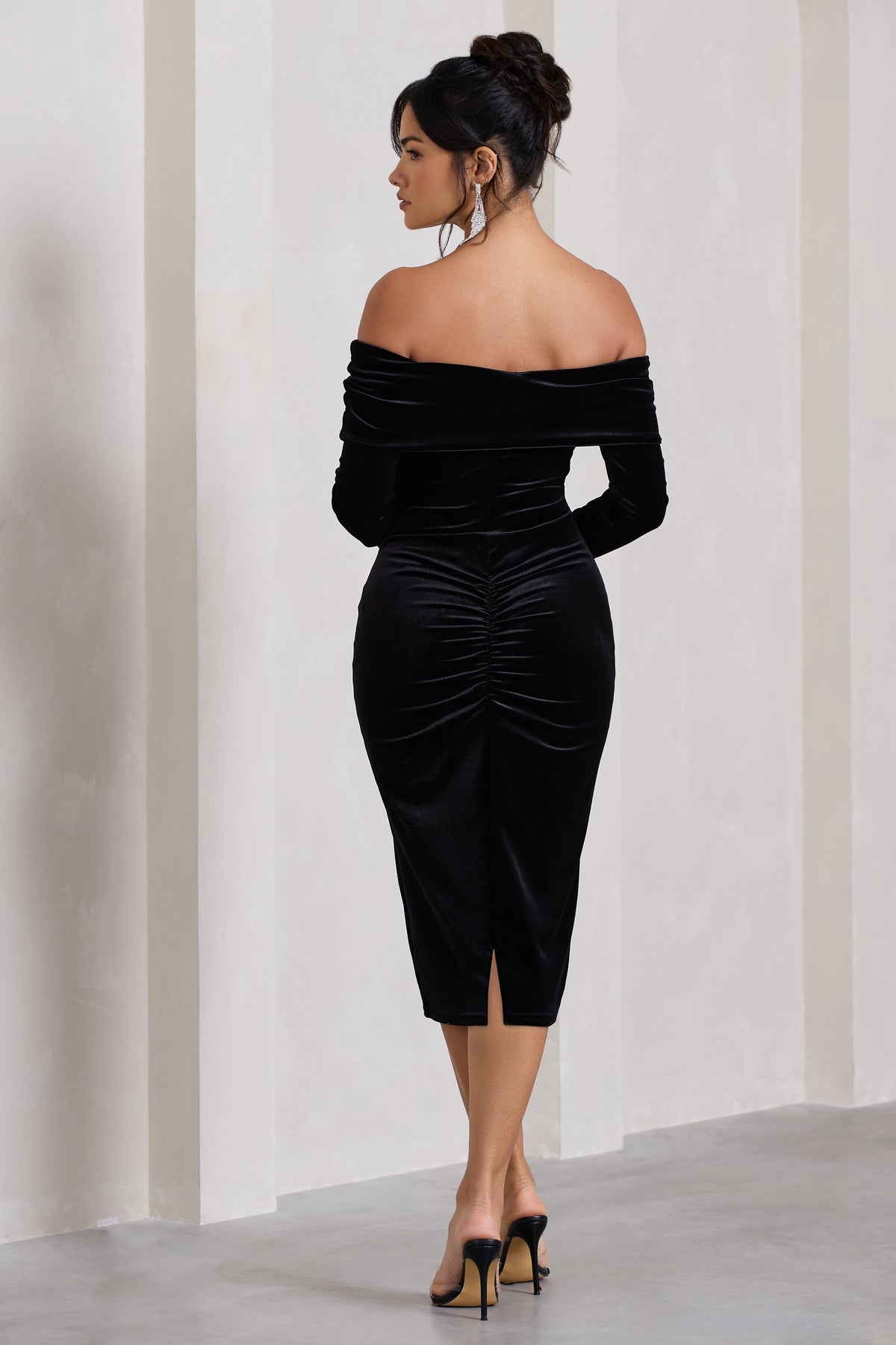 Compliment | Black Velvet Bardot Midi Dress