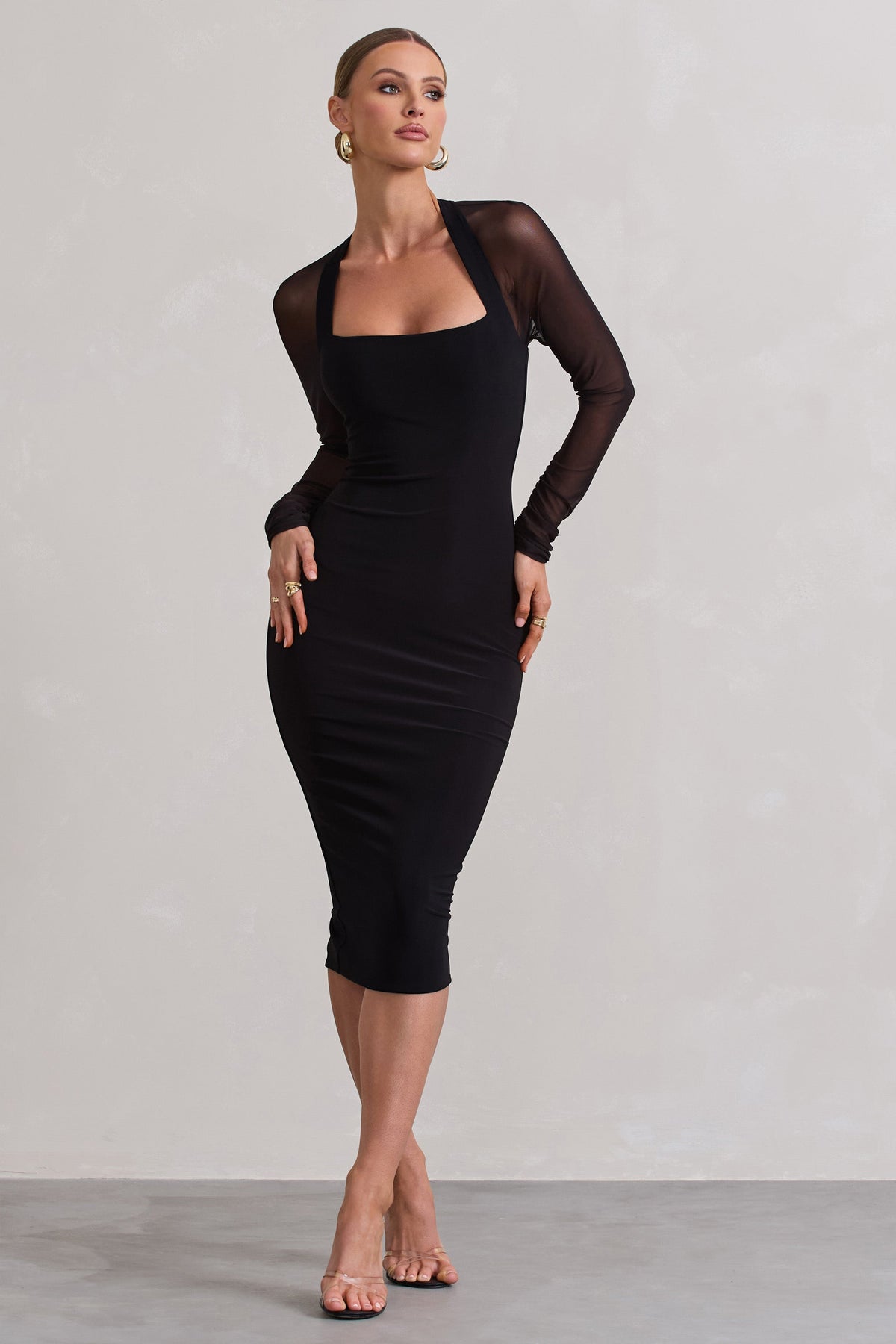 Off Track Black Bodycon Midi Dress With Sheer Sleeves Club L London - SA Off Track Black Bodycon Midi Dress With Sheer Sleeves Club L London - SA