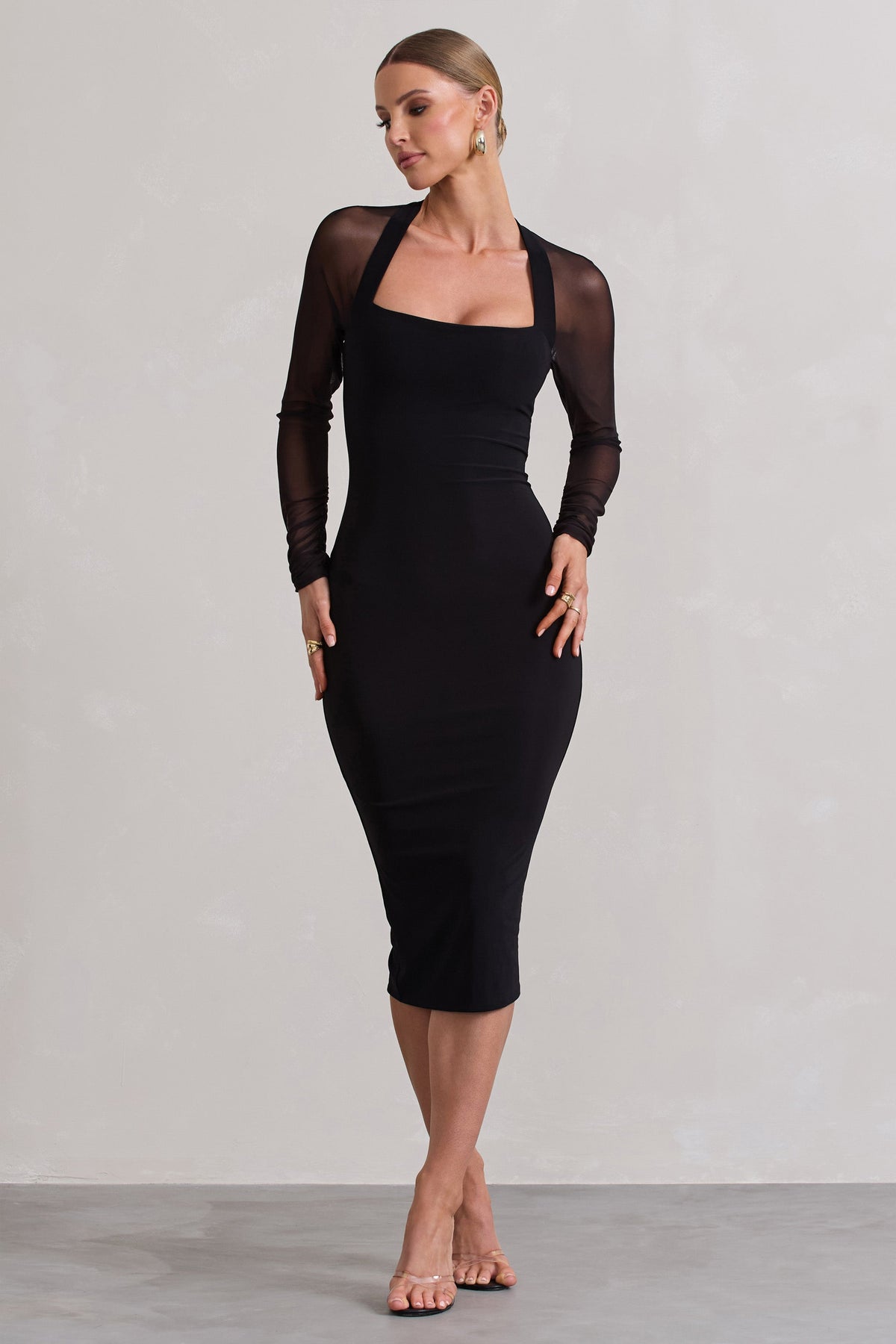 Off Track | Black Bodycon Midi Dress With Sheer Sleeves