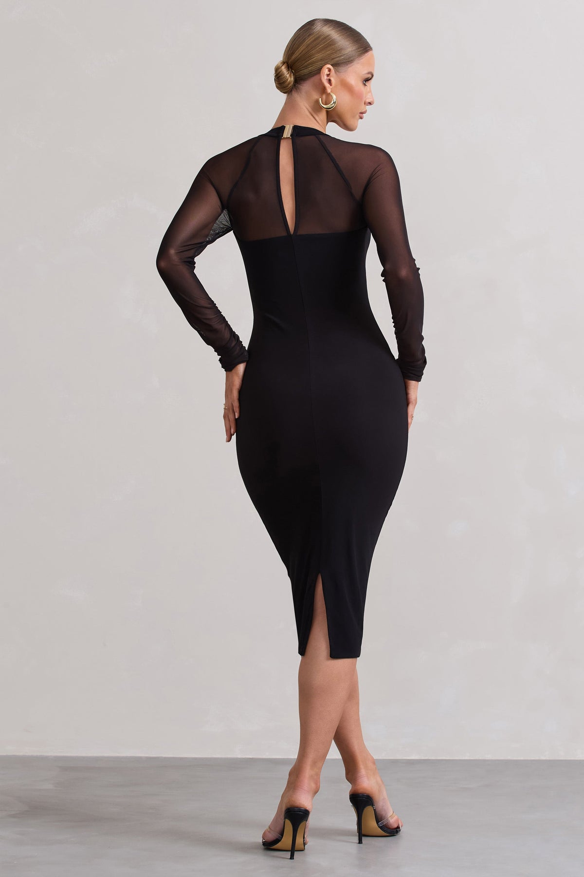 Off Track | Black Bodycon Midi Dress With Sheer Sleeves