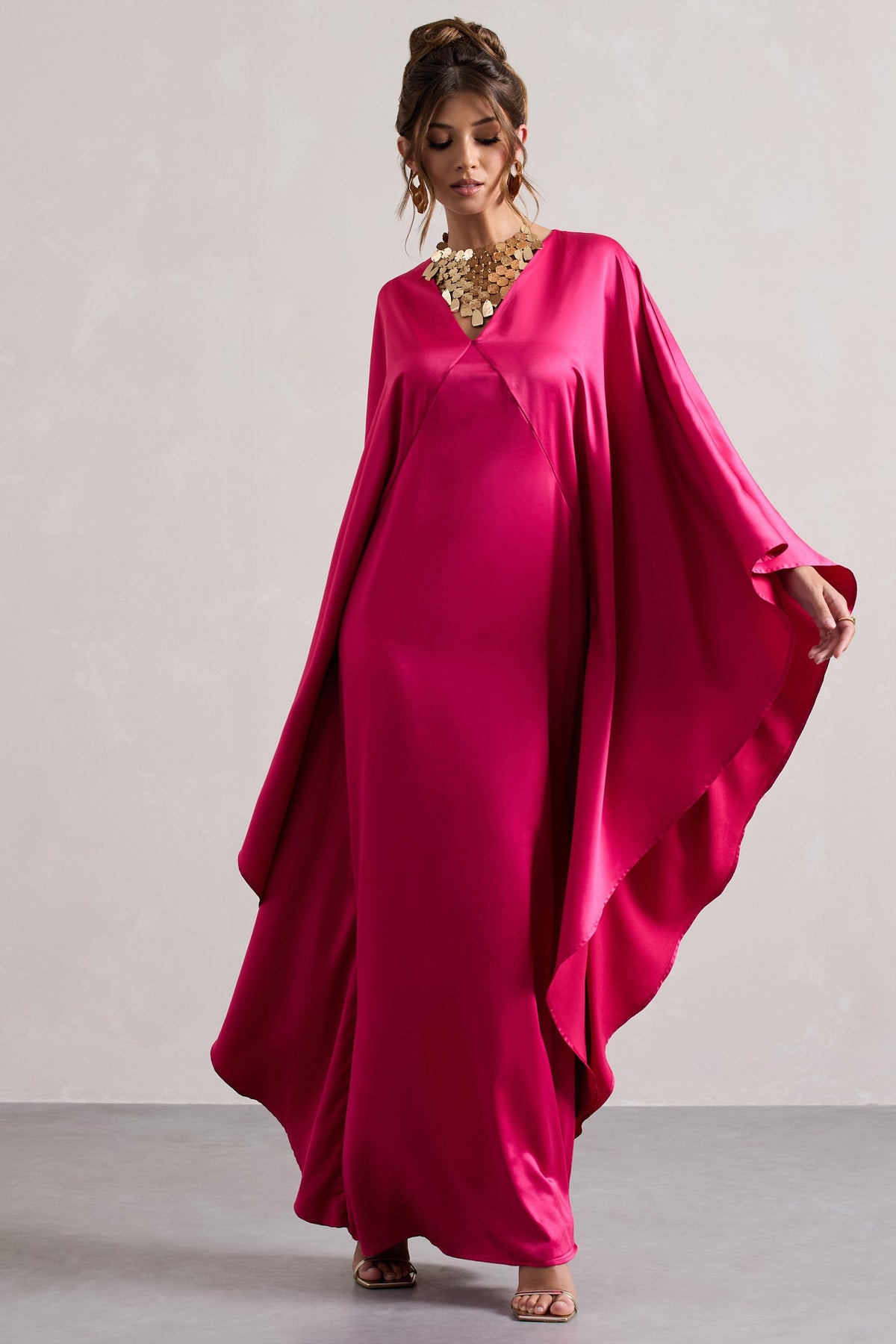 Alohi | Hot Pink Satin Plunge Cape Maxi Dress