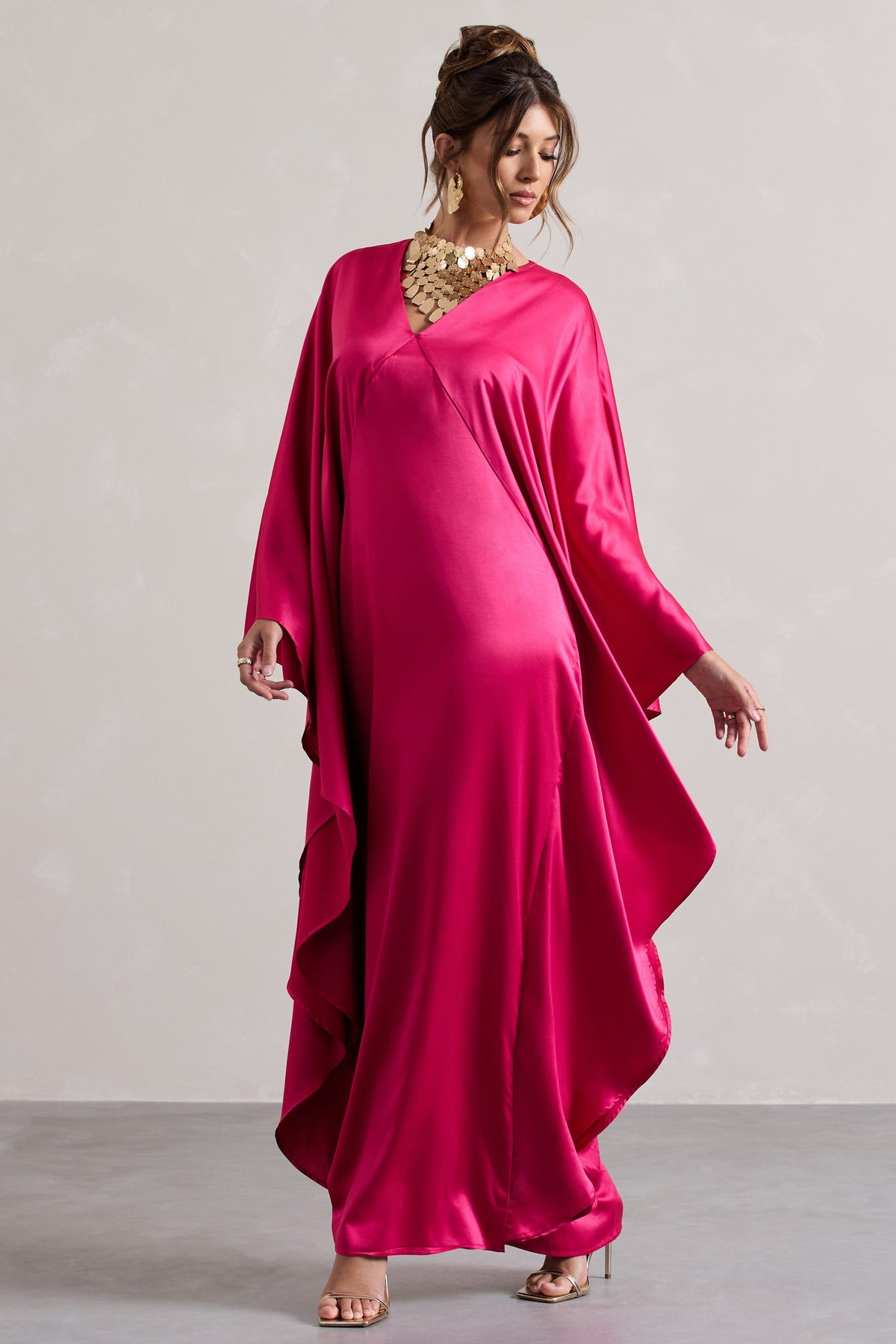 Alohi | Hot Pink Satin Plunge Cape Maxi Dress