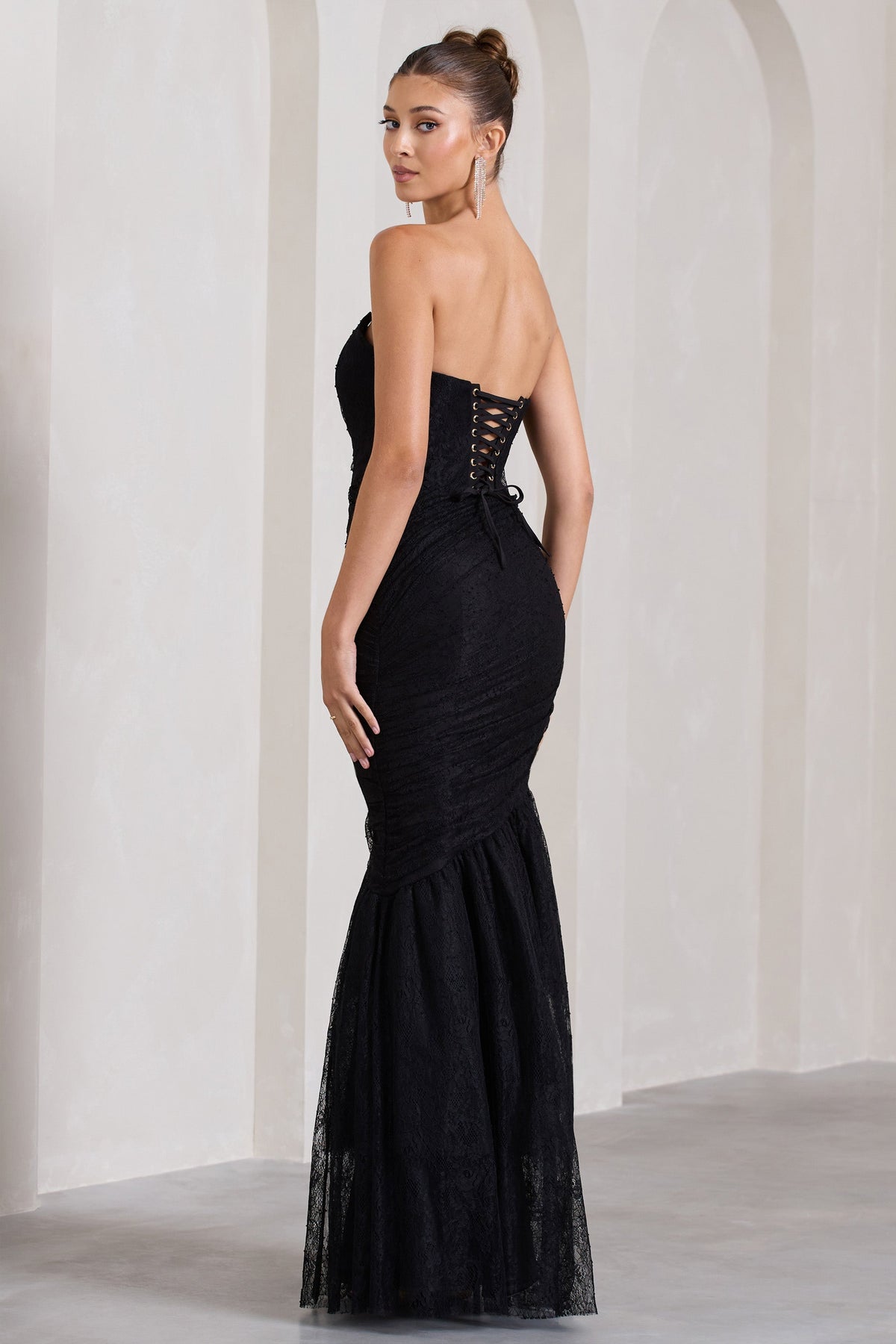 Encapsulate | Black Lace Ruched Strapless Fishtail Maxi Dress