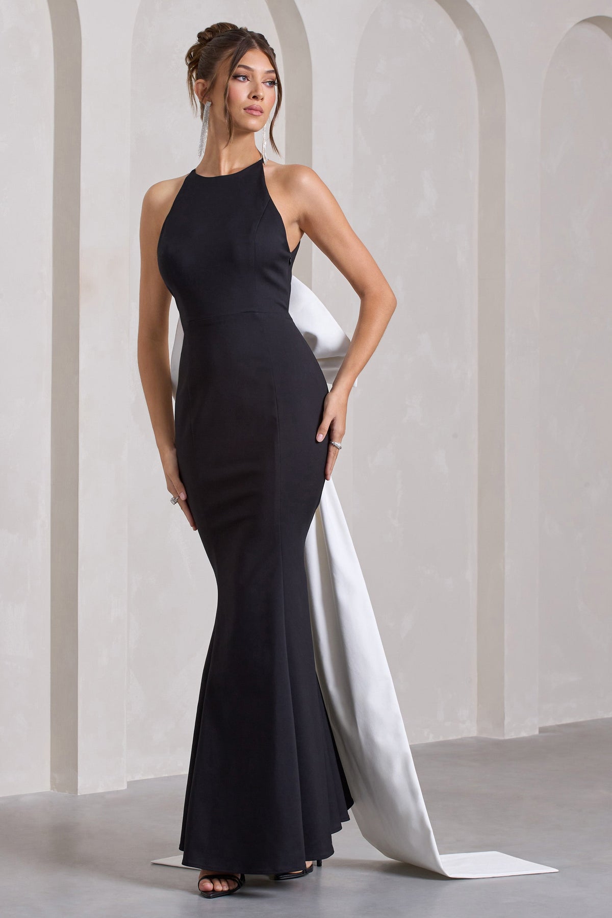 Bestow | Black Open-Back Maxi Dress With Oversized White Bow