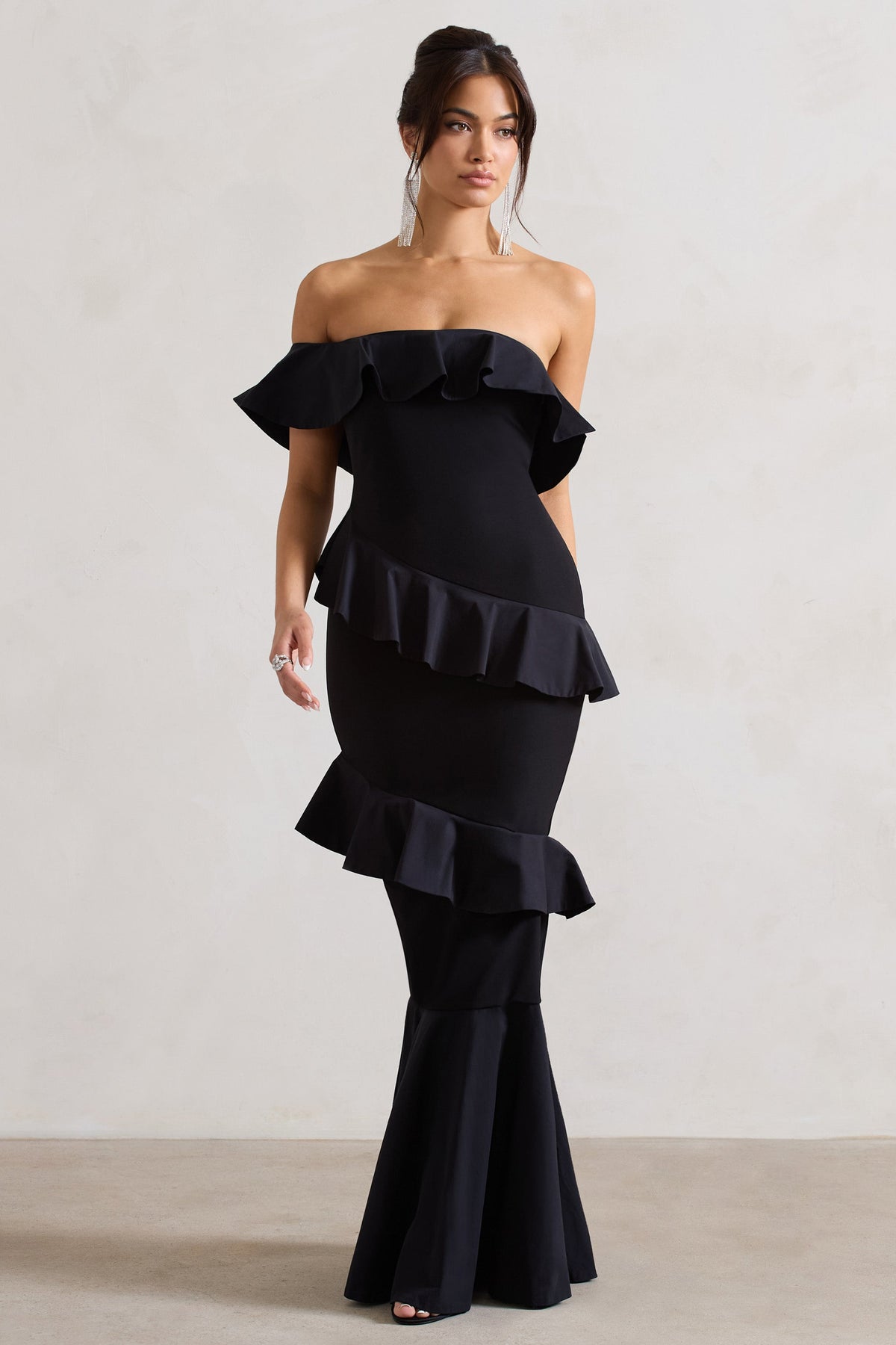 black chiffon bardot ruffle tiered dress Bardot Anyssa Tiered Ruffle Cutout Babydoll Mini Dress