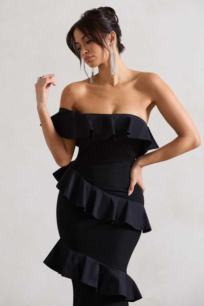 Cinematic Black Bardot Ruffled Fishtail Maxi Dress – Club L London