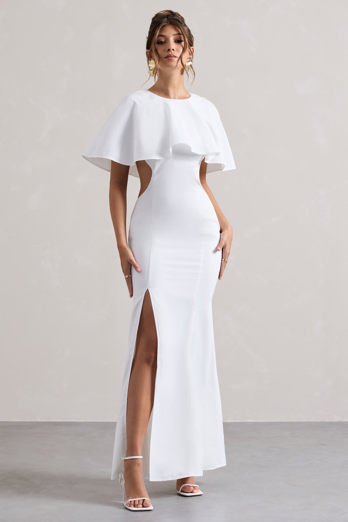 embellished side split maxi dress in white Pliss Ruffle Trim Maxi Dress in Ivory