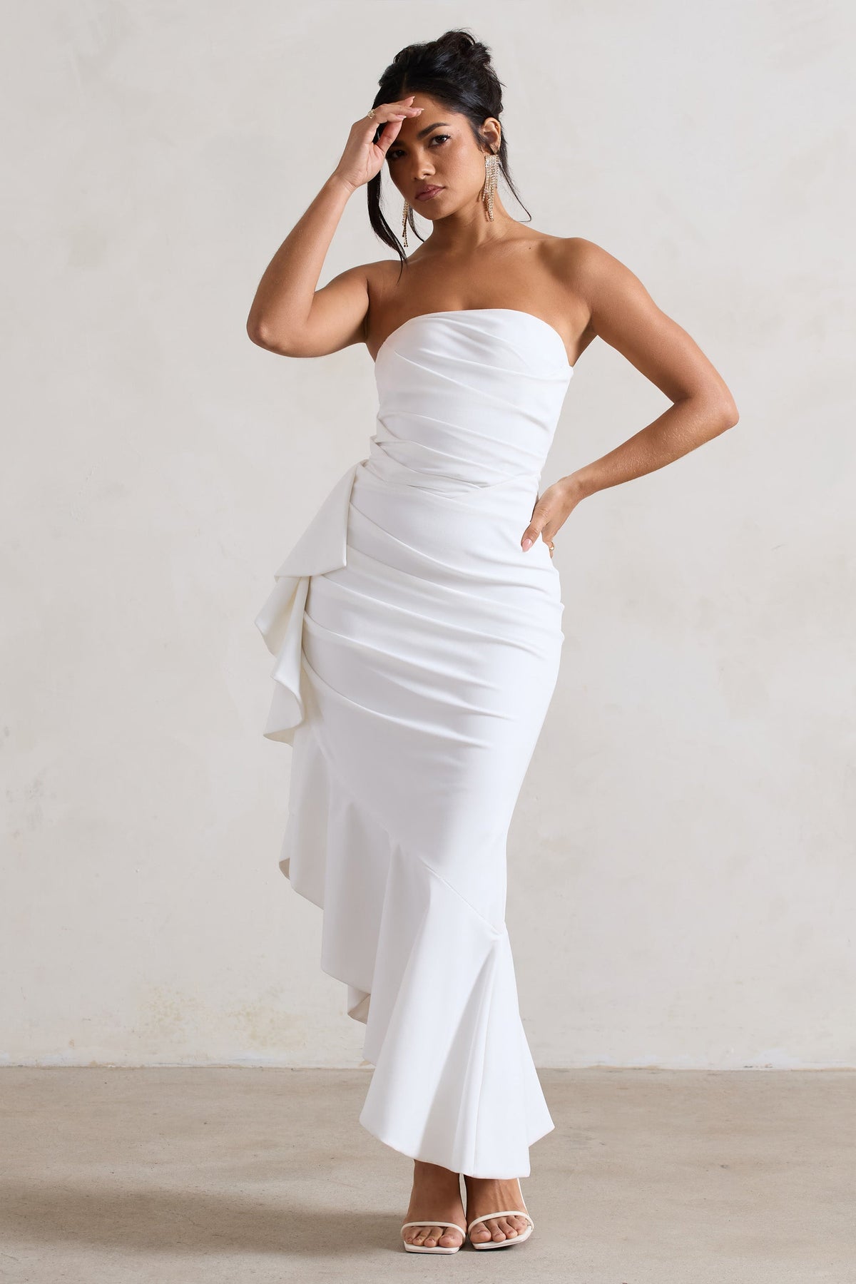 New Age | White Strapless Asymmetric Ruffled Maxi Dress