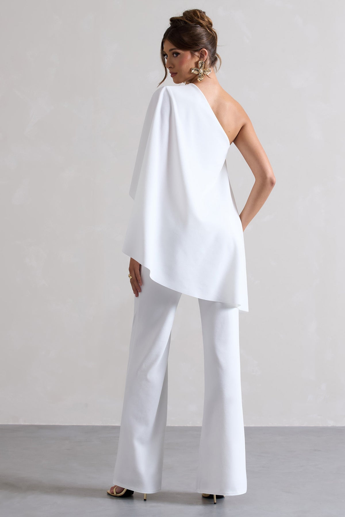 Pristine | White Asymmetric Flared-Leg Jumpsuit With Cape Sleeve