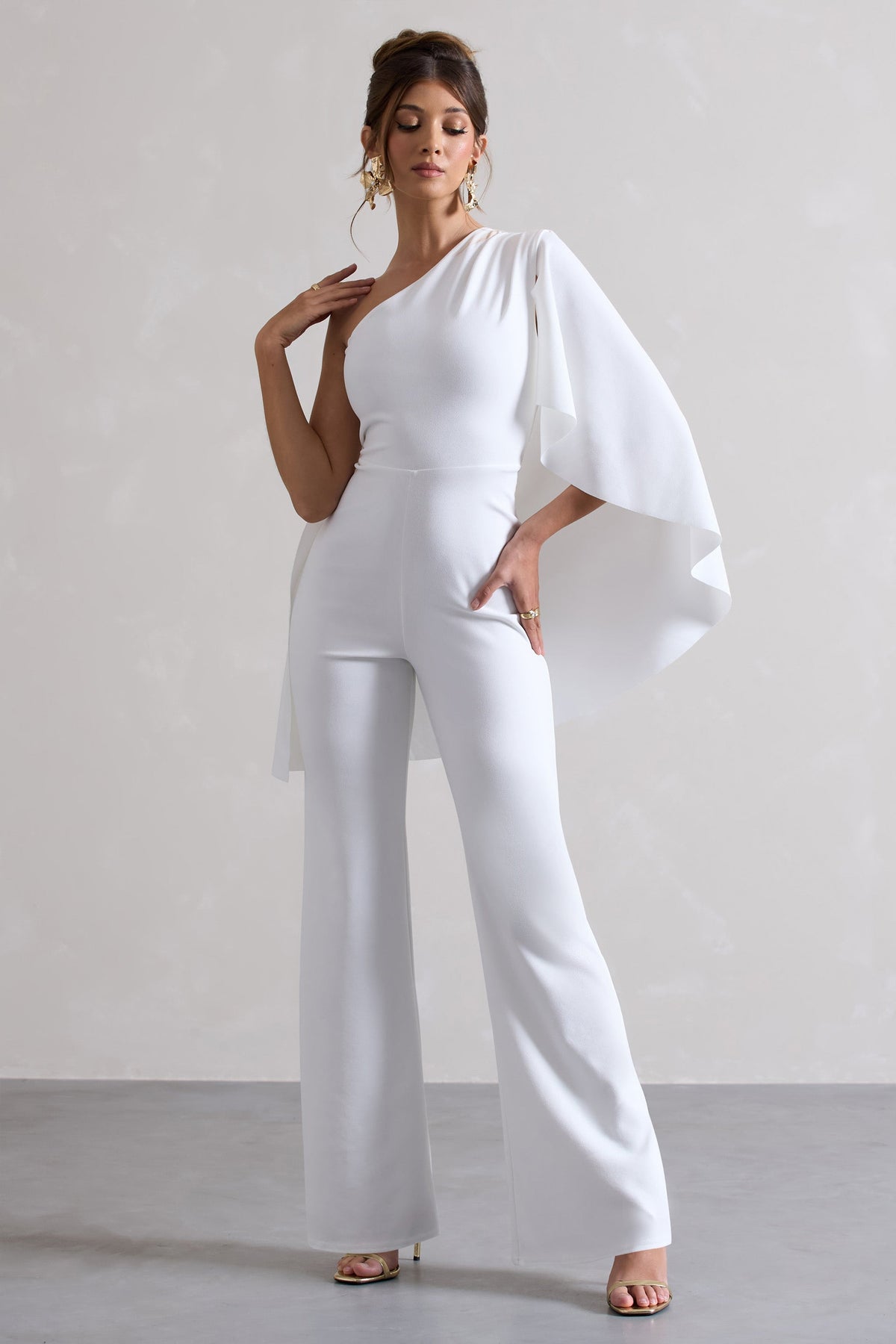 Pristine | White Asymmetric Flared-Leg Jumpsuit With Cape Sleeve