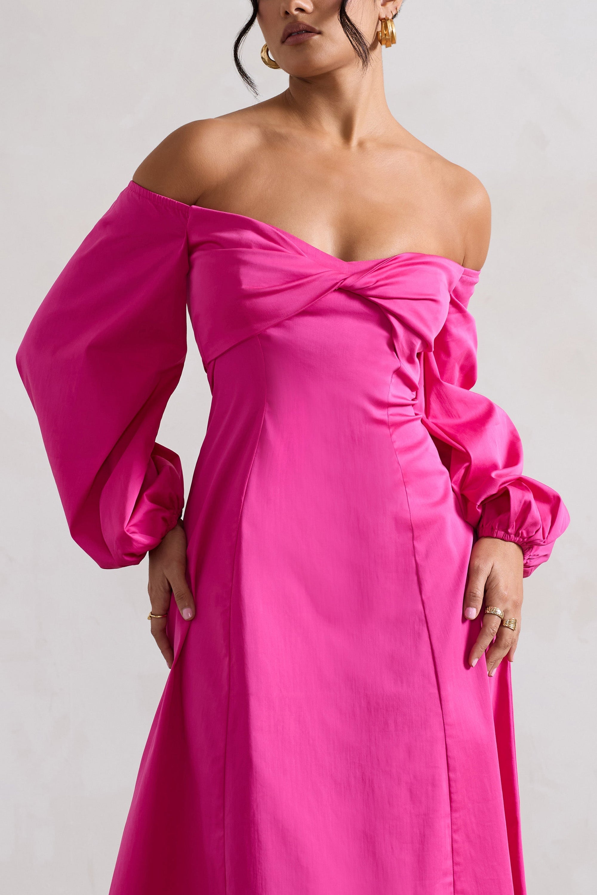 Santino | Bright Plum Twisted Bardot Puff-Sleeve Midi Dress