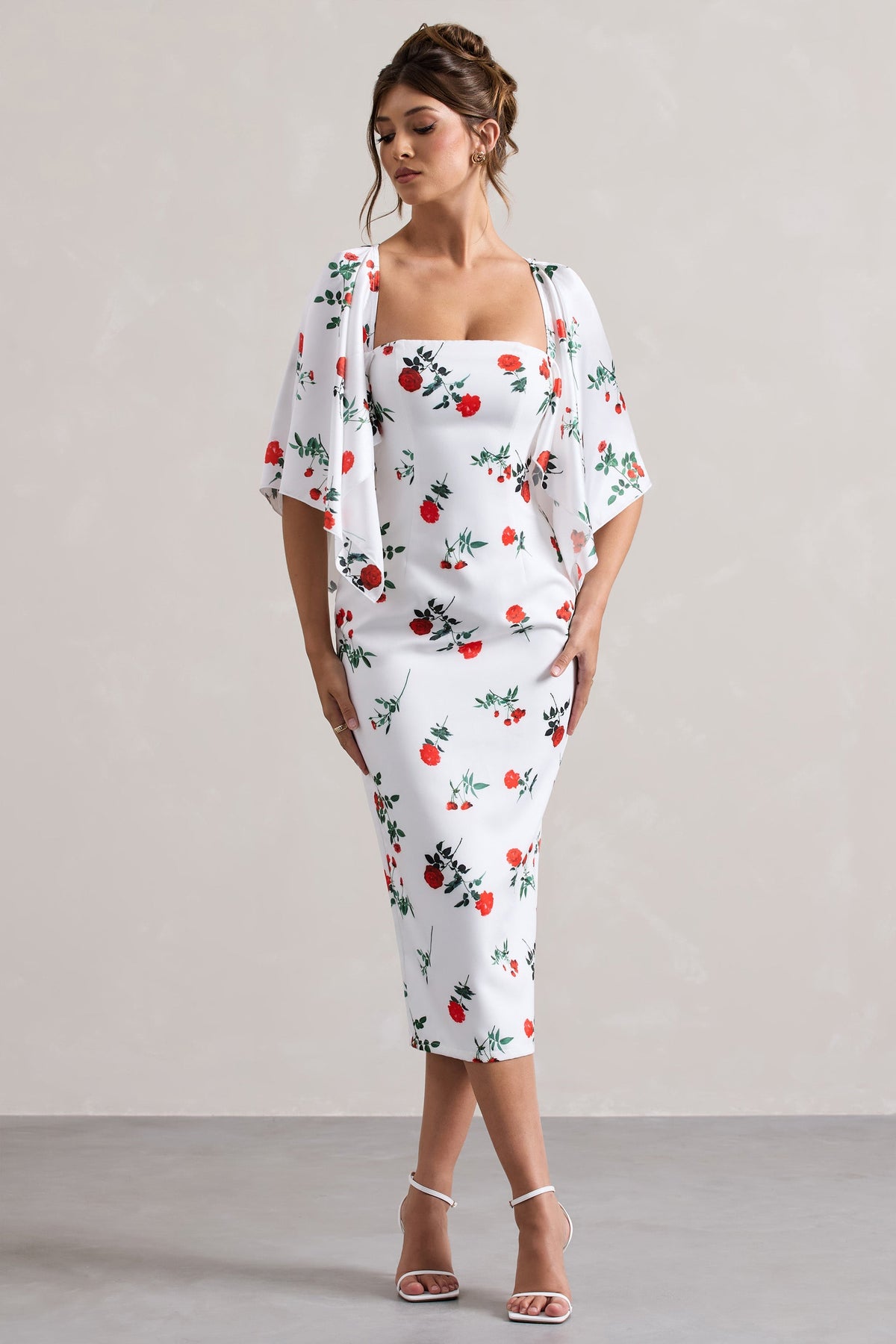 Bonita | Rose Print Cape-Sleeve Midi Dress