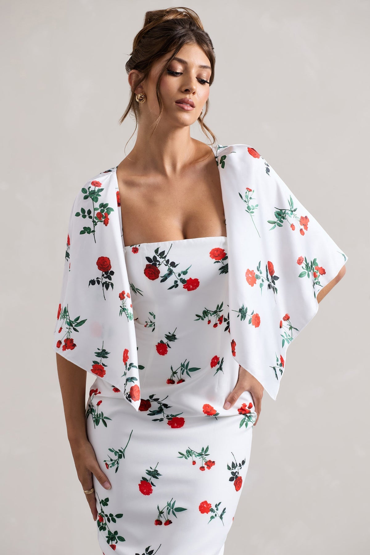 Bonita | Rose Print Cape-Sleeve Midi Dress