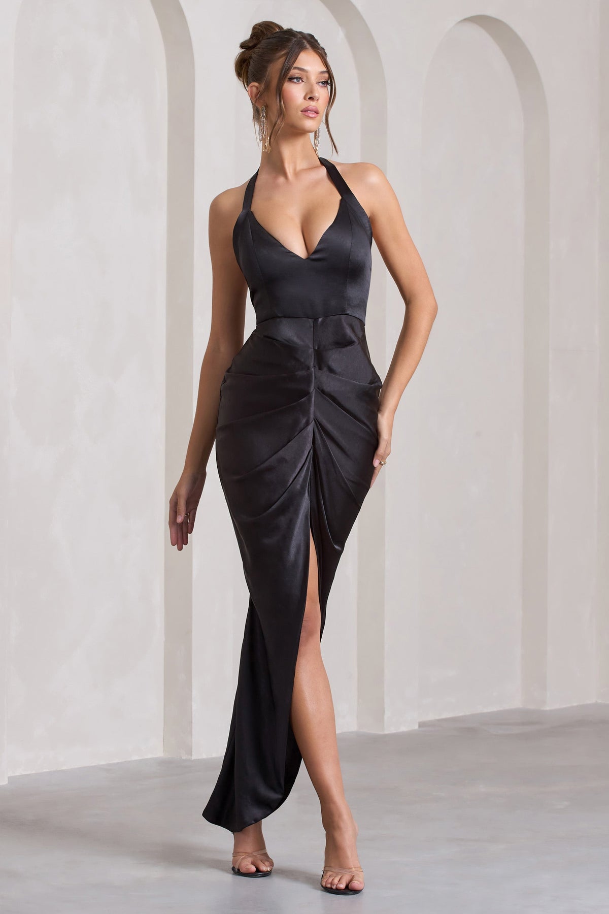 Rebecca | Black Satin Plunge Halter-Neck Open-Back Split Maxi Dress