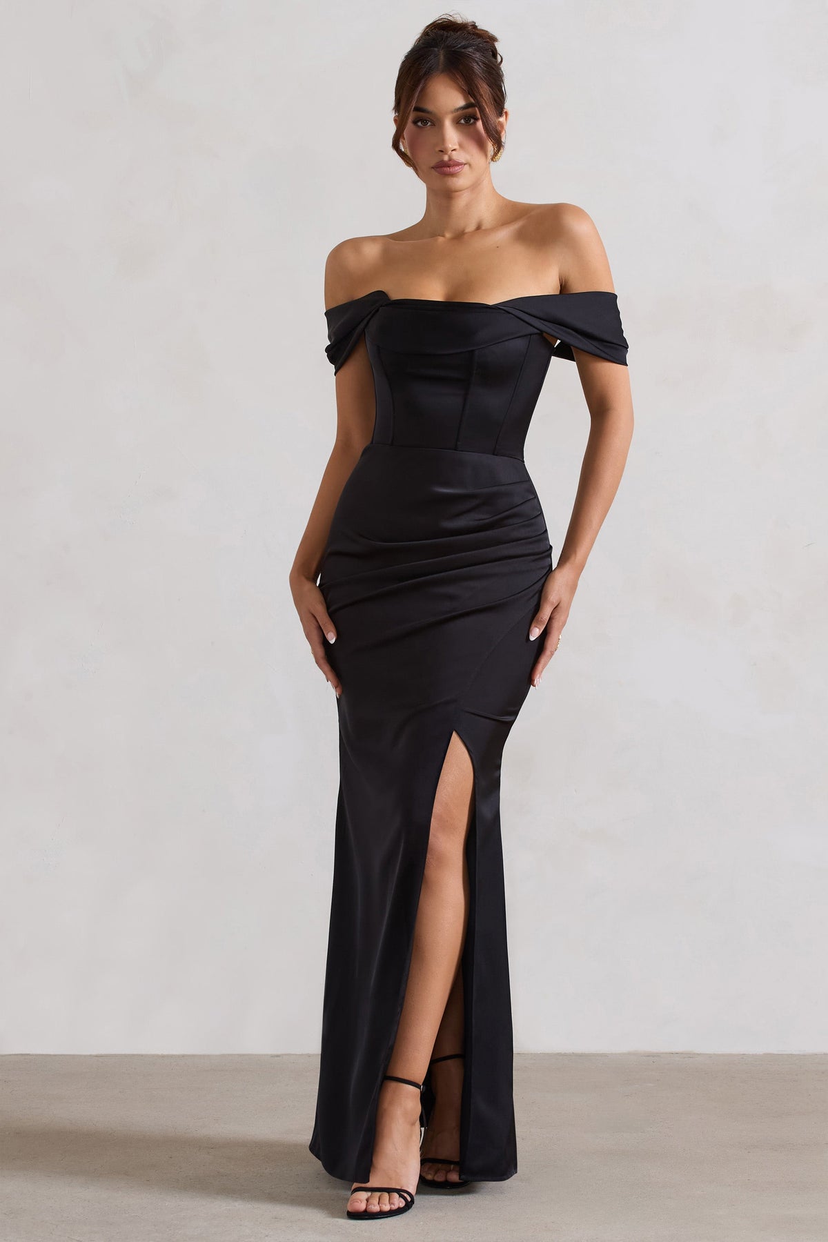 Kimberly | Black Bardot Fishtail Satin Maxi Dress