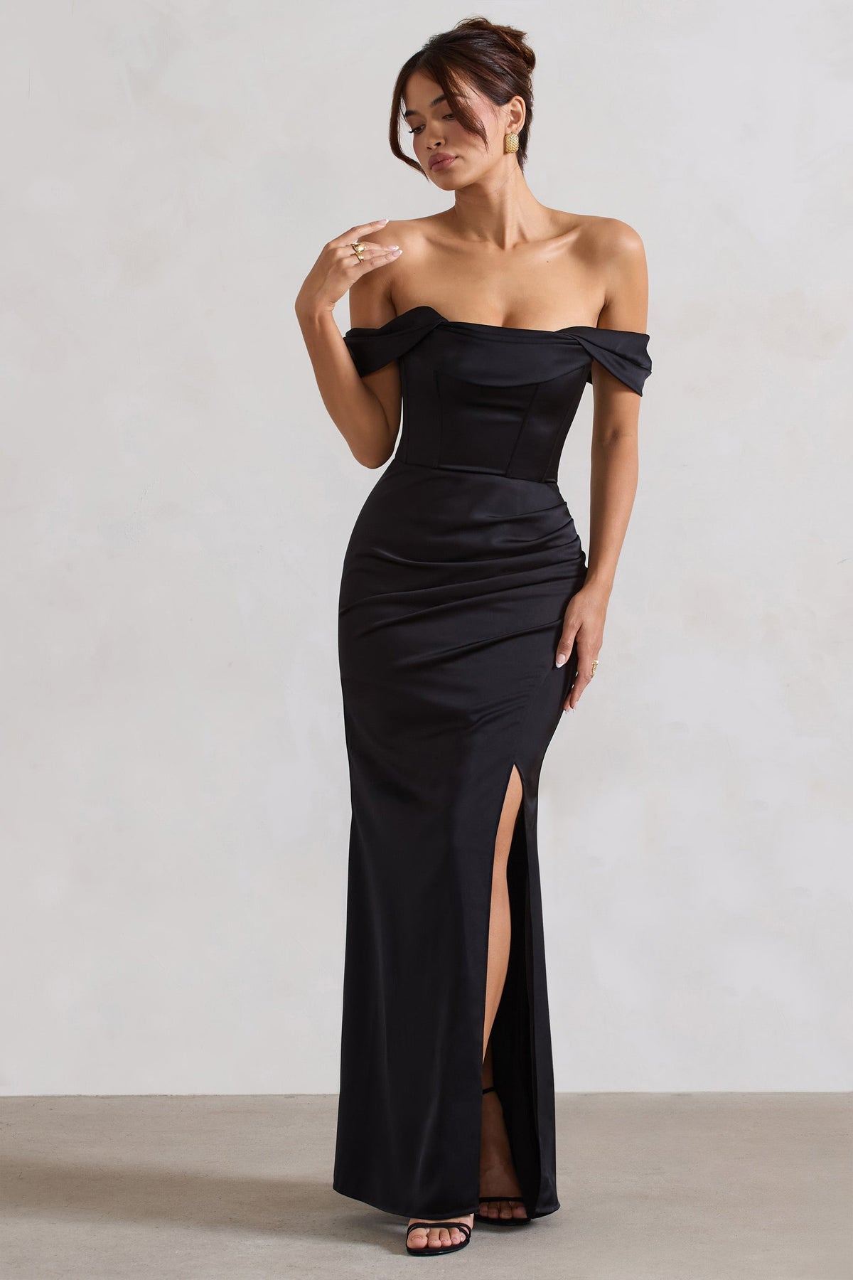 Kimberly | Black Bardot Fishtail Satin Maxi Dress