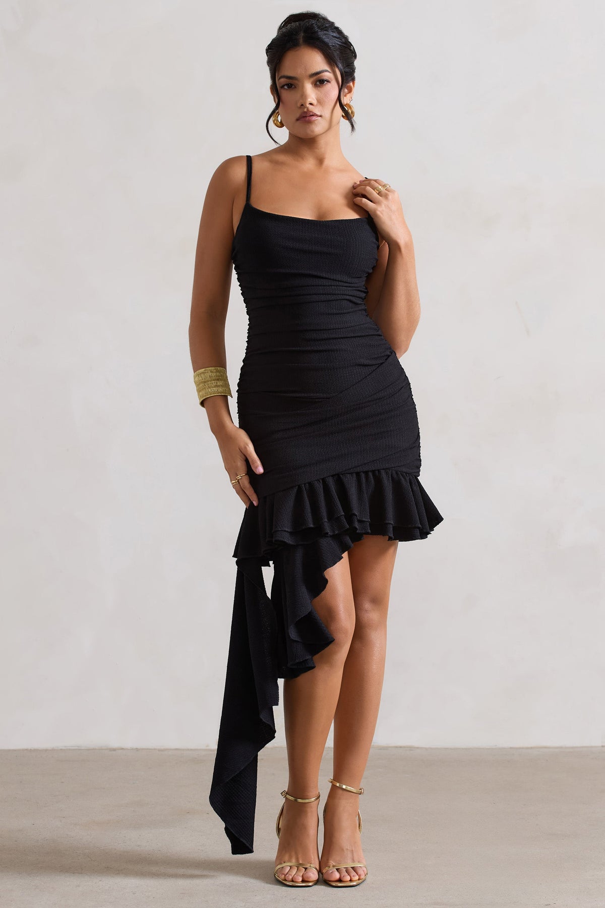 Fleetwood | Black Ruched Midi Dress With Asymmetric Ruffle Hem