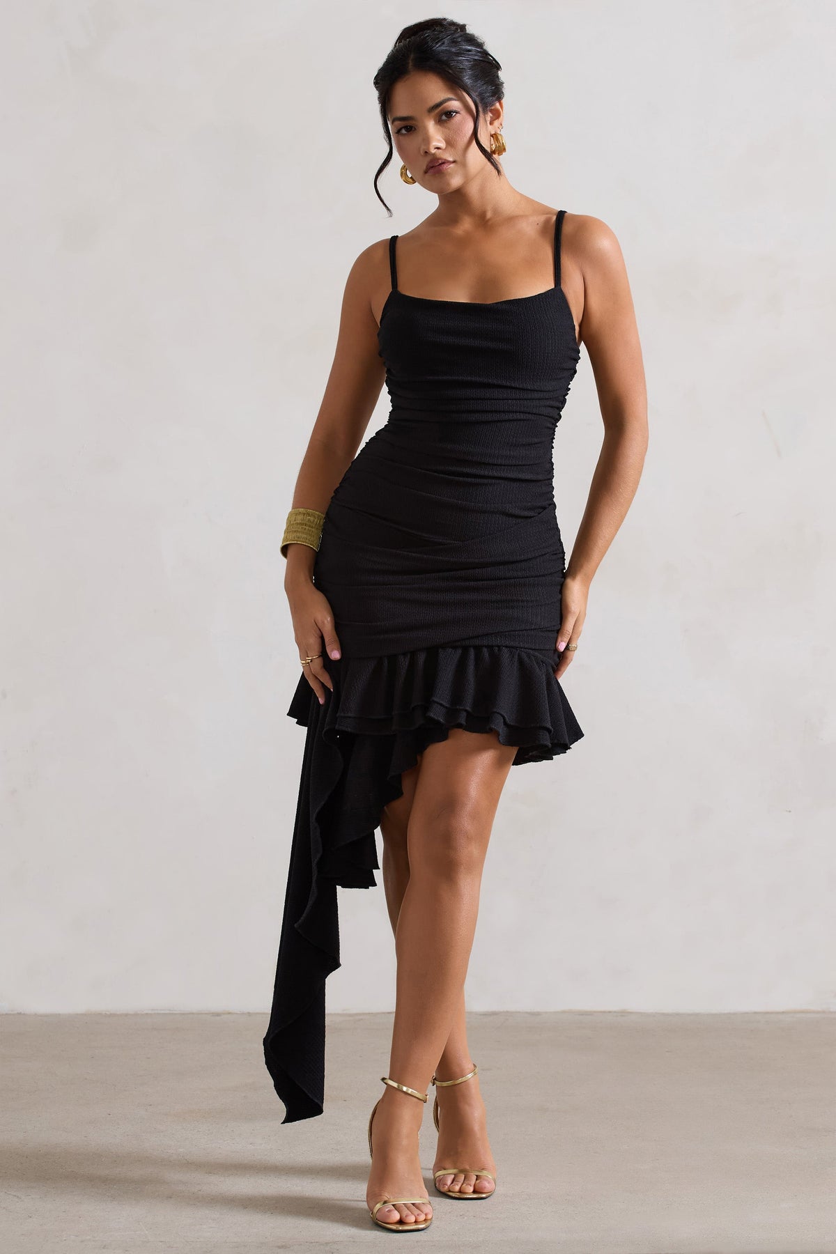 Fleetwood | Black Ruched Midi Dress With Asymmetric Ruffle Hem