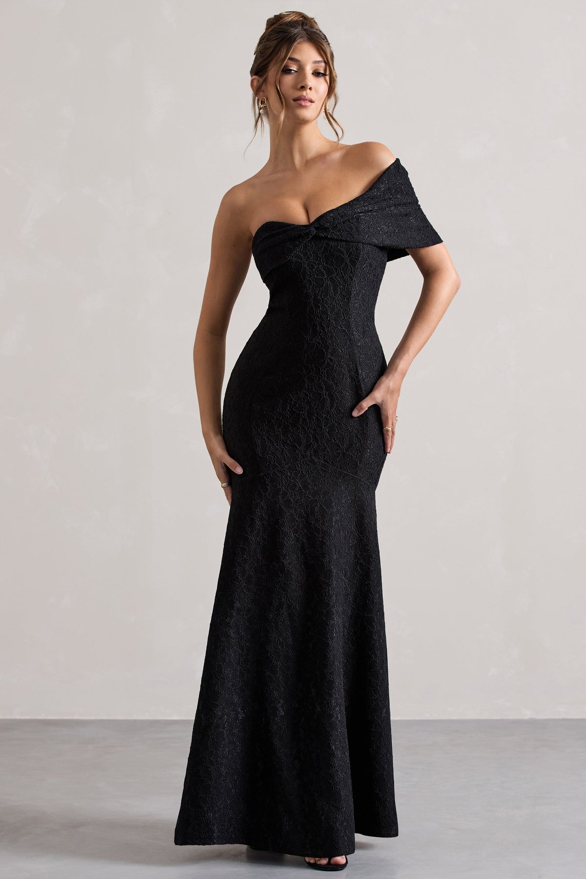 Masquerade Black Lace Twisted Bardot Maxi Dress Club L London - SA Masquerade Black Lace Twisted Bardot Maxi Dress Club L London - SA