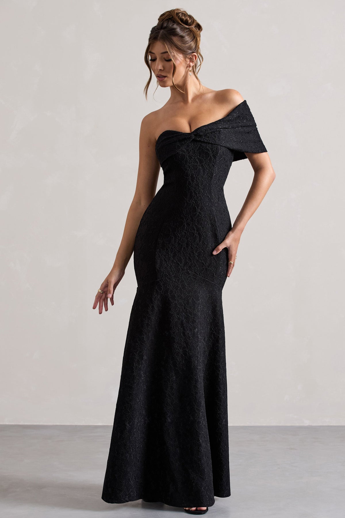 Masquerade Black Lace Twisted Bardot Maxi Dress Club L London - SA Masquerade Black Lace Twisted Bardot Maxi Dress Club L London - SA