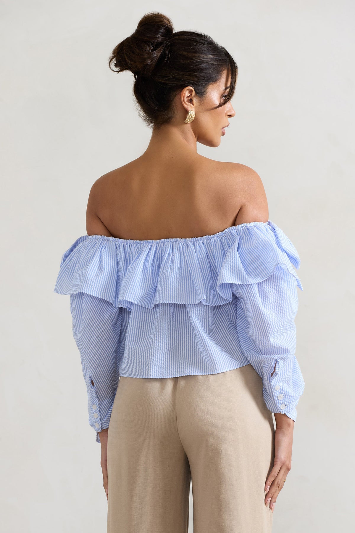 Harbour | Blue Pinstripe Bardot Puff-Sleeve Top With Bows