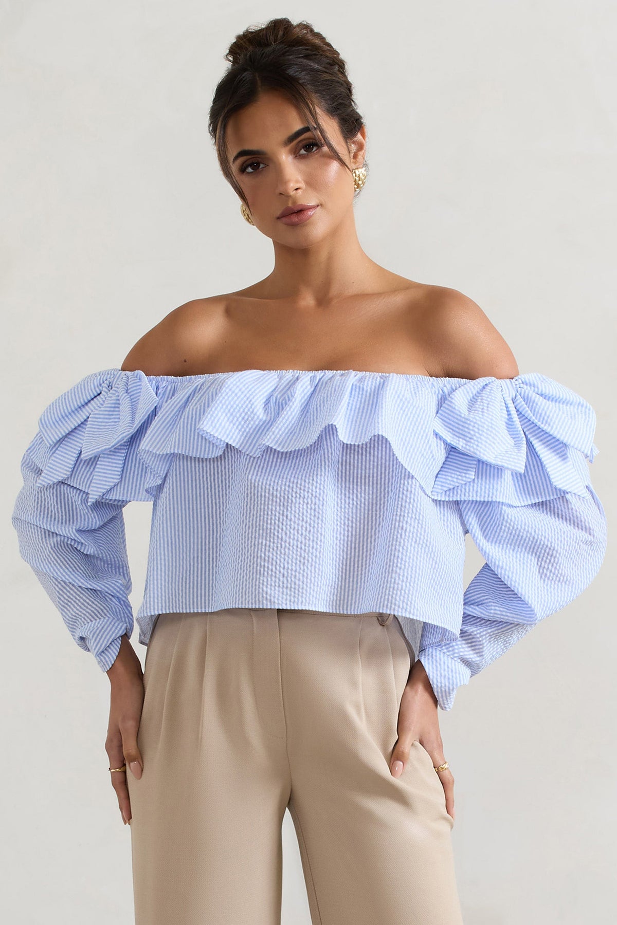 Harbour | Blue Pinstripe Bardot Puff-Sleeve Top With Bows