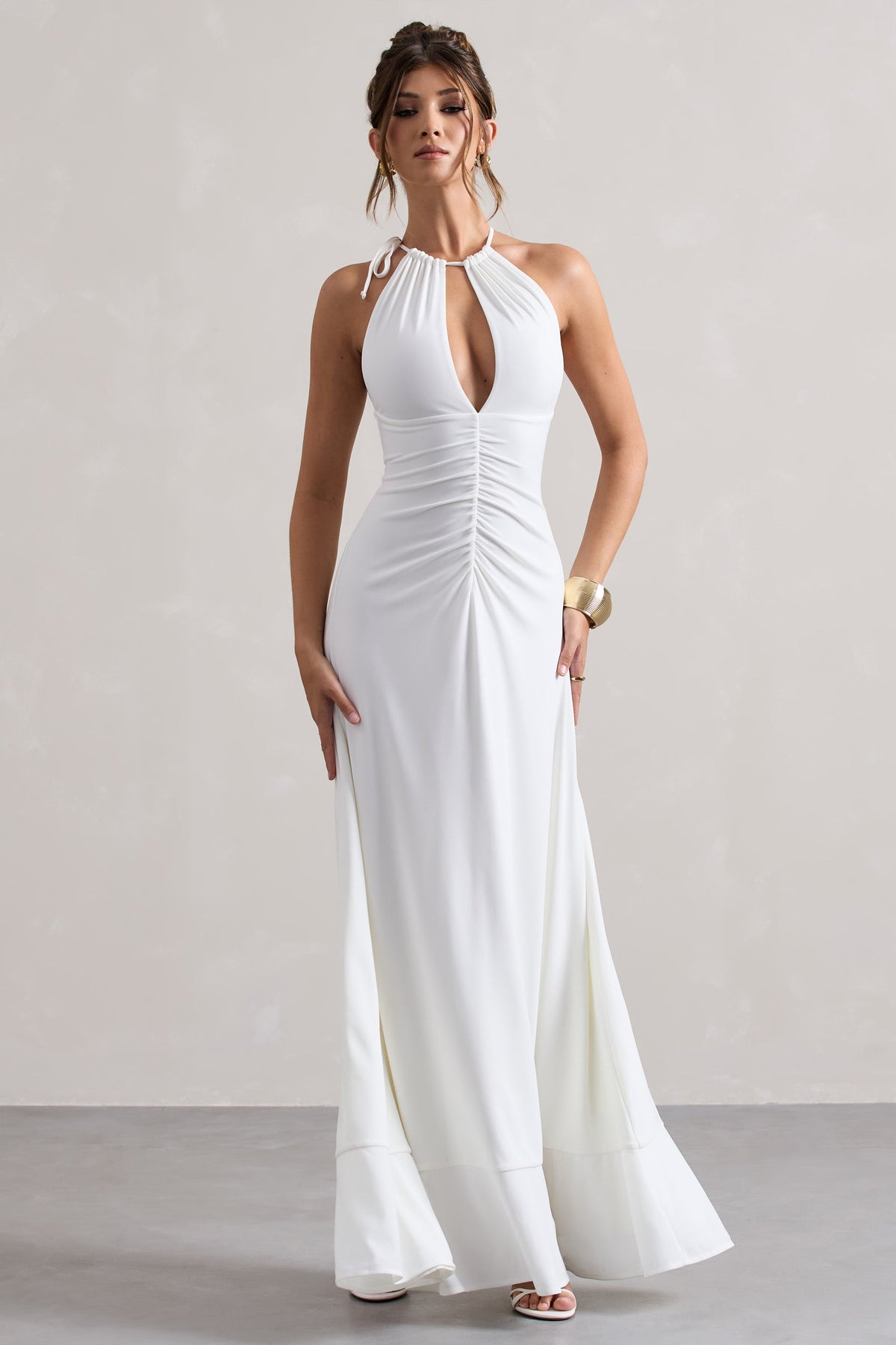 Naria | Cream Ruched Cut-Out Split Maxi Dress