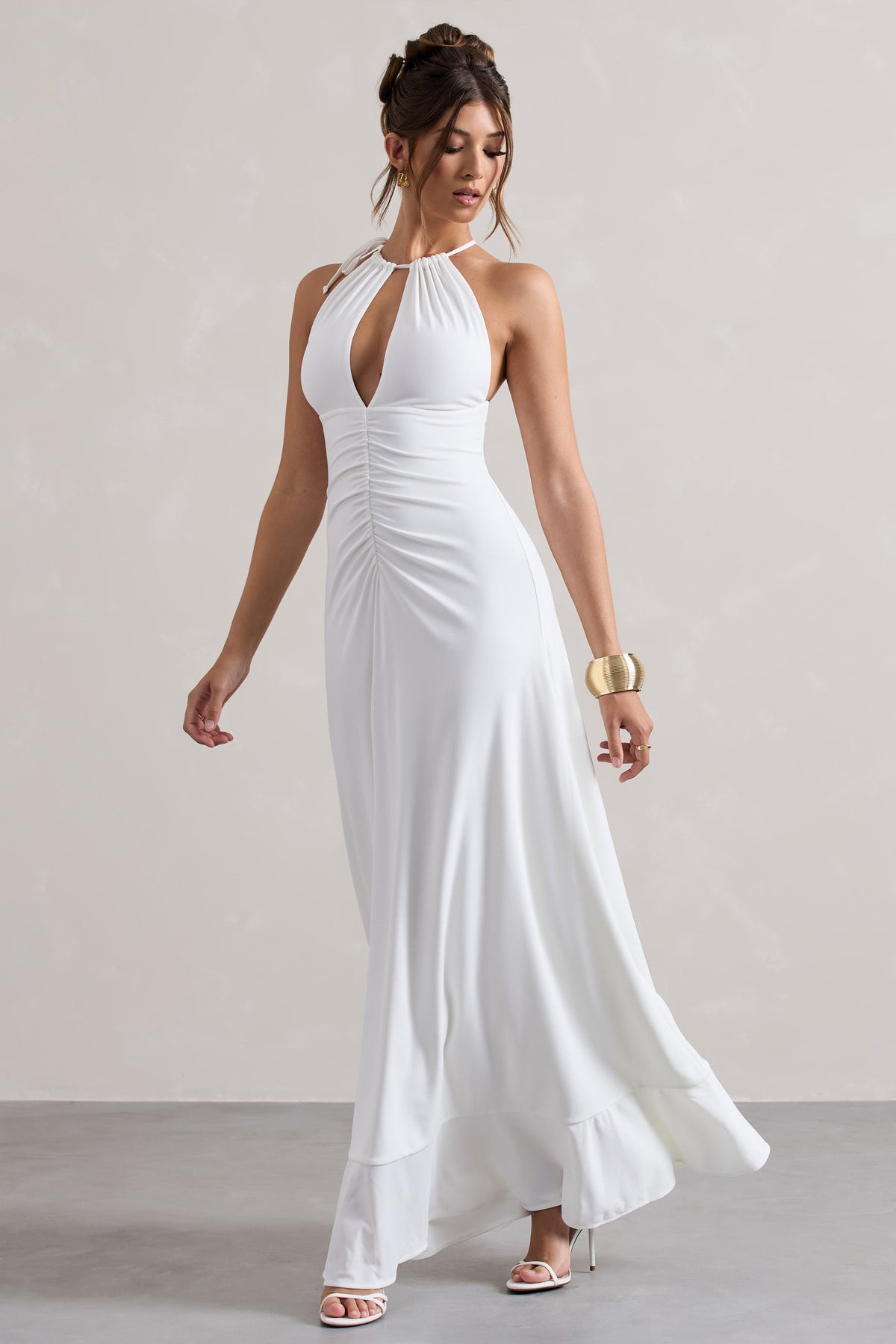 Naria | Cream Ruched Cut-Out Split Maxi Dress