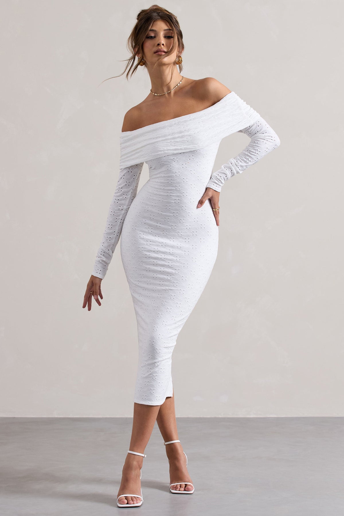 Emmeline | White Knitted Broderie Bardot Midi Dress