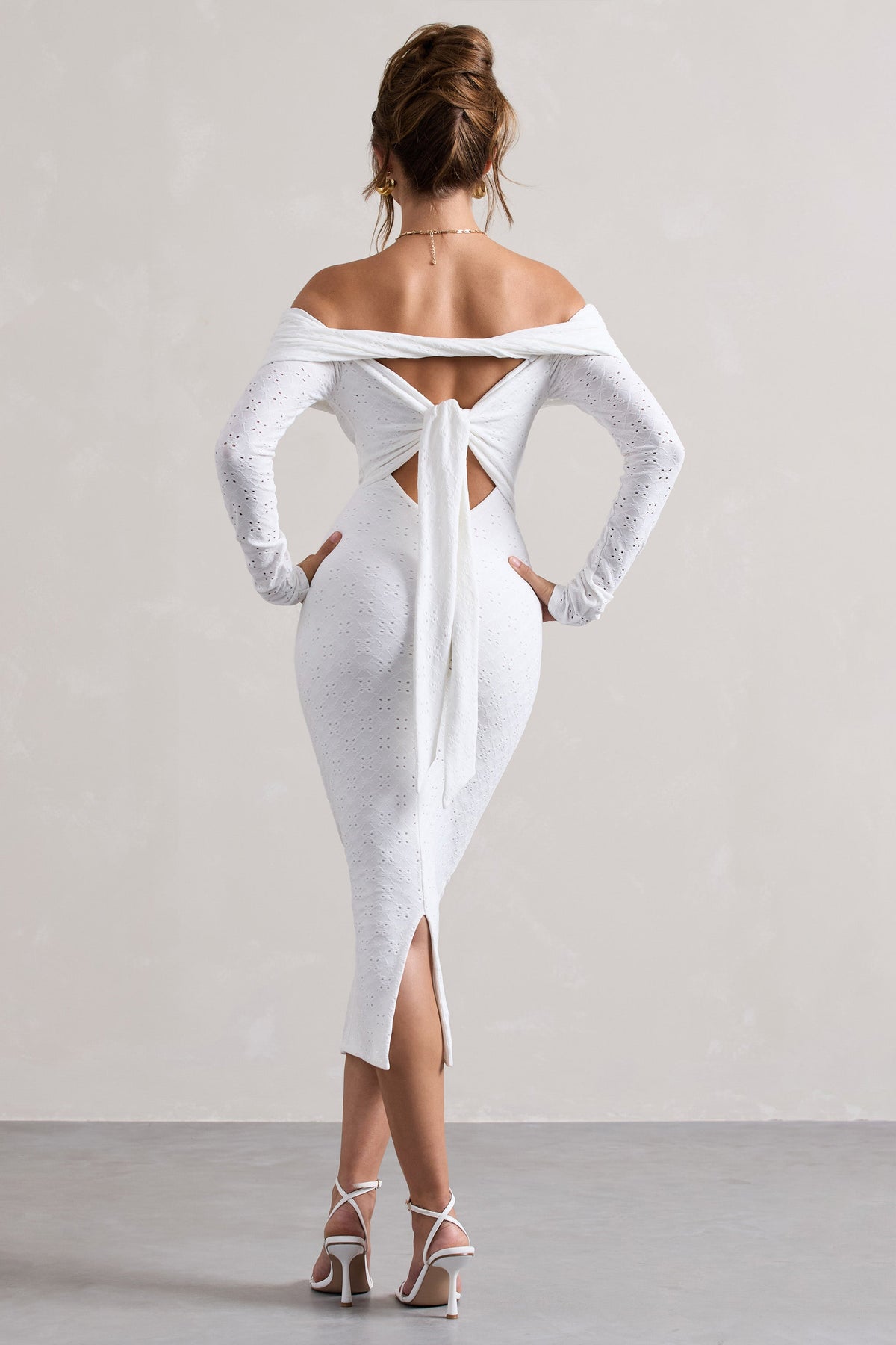 Emmeline | White Knitted Broderie Bardot Midi Dress