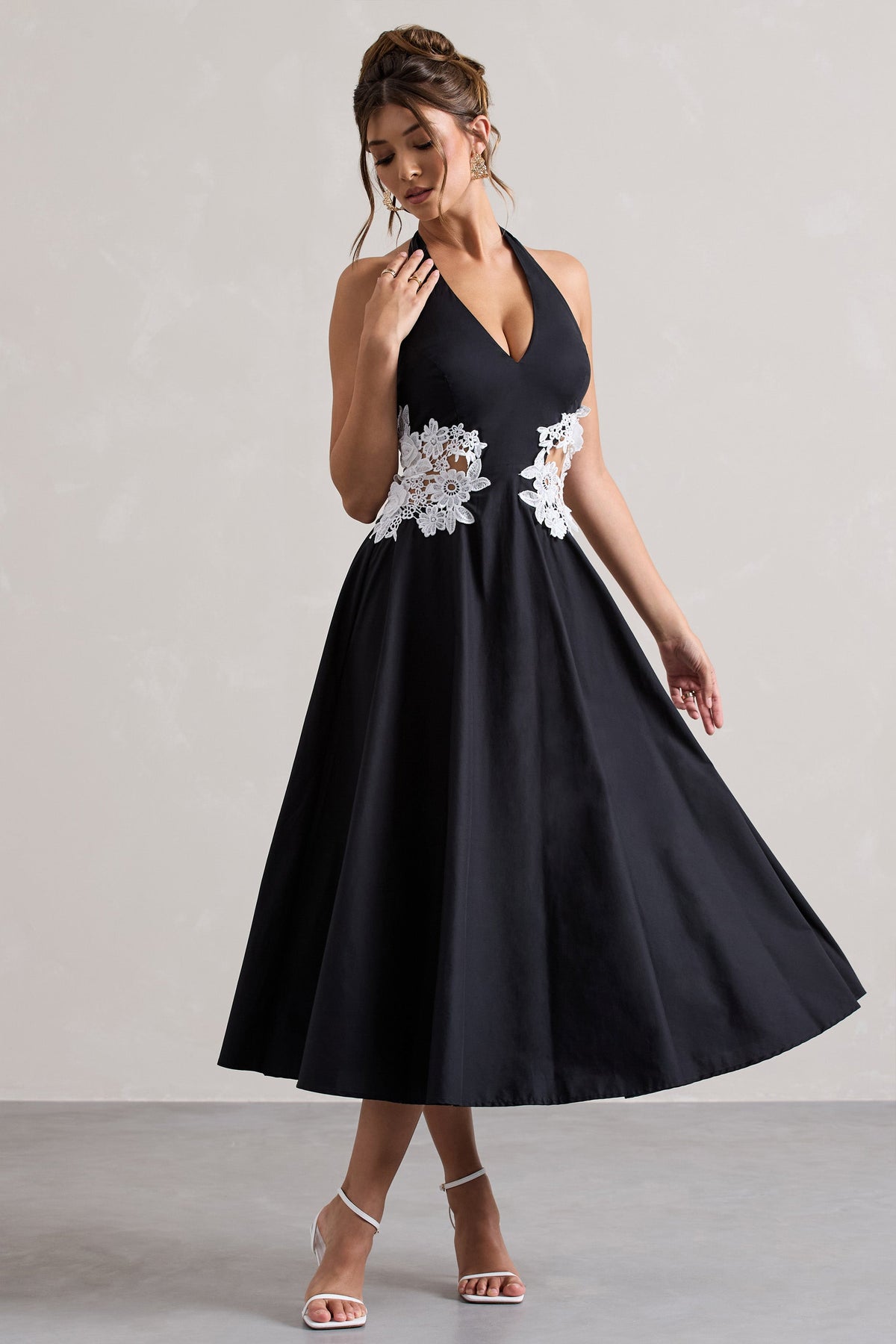 Windermere | Black Plunge Skater Midi Dress With Floral Cut-Out
