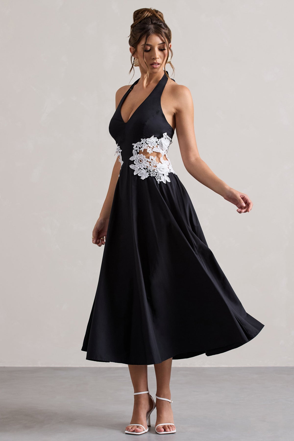Windermere | Black Plunge Skater Midi Dress With Floral Cut-Out