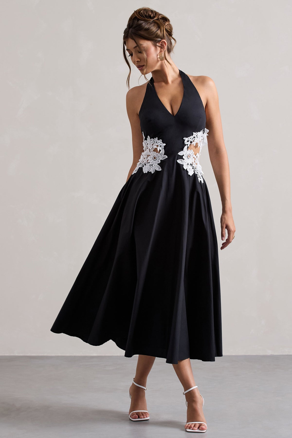 Windermere | Black Plunge Skater Midi Dress With Floral Cut-Out