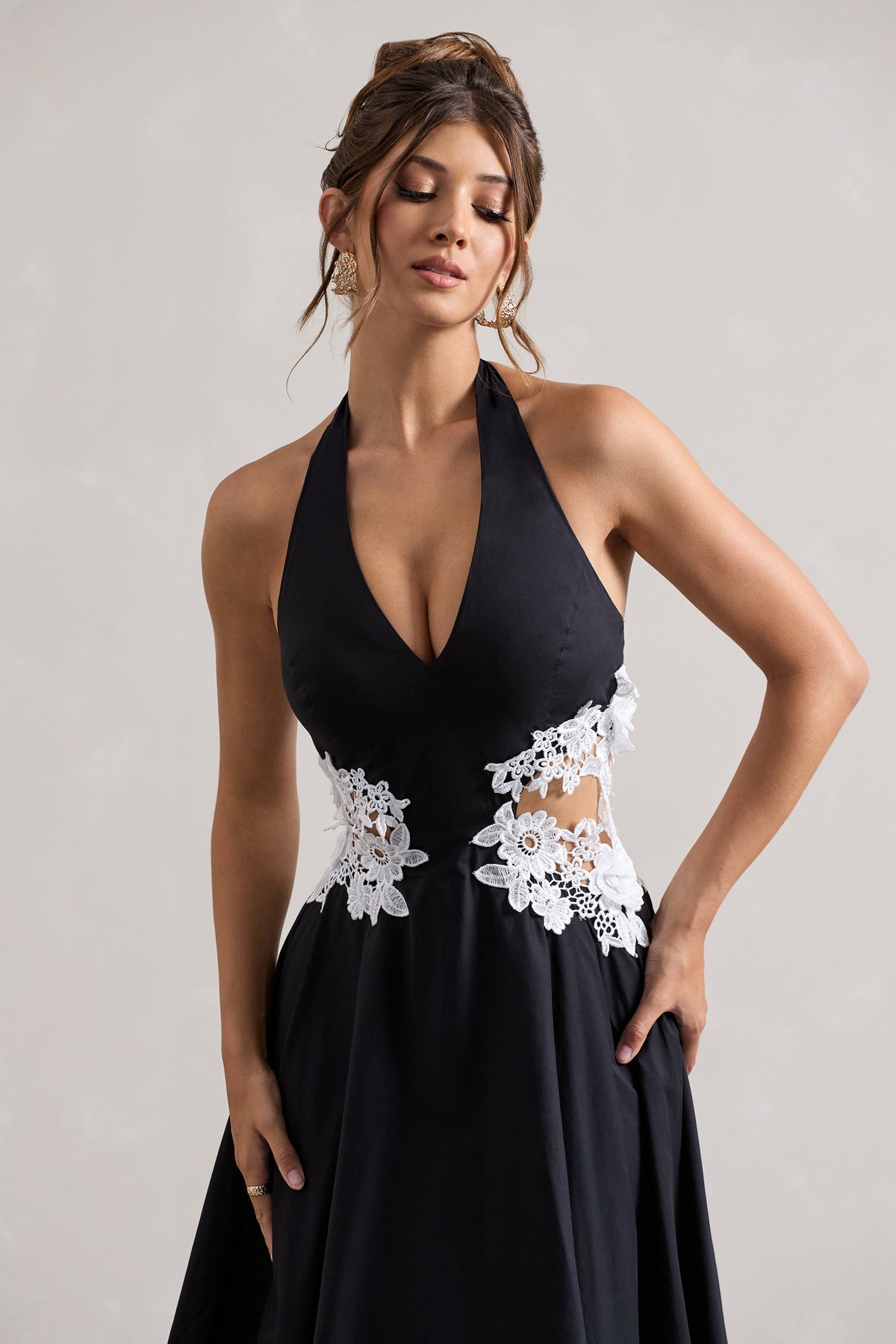 Windermere | Black Plunge Skater Midi Dress With Floral Cut-Out