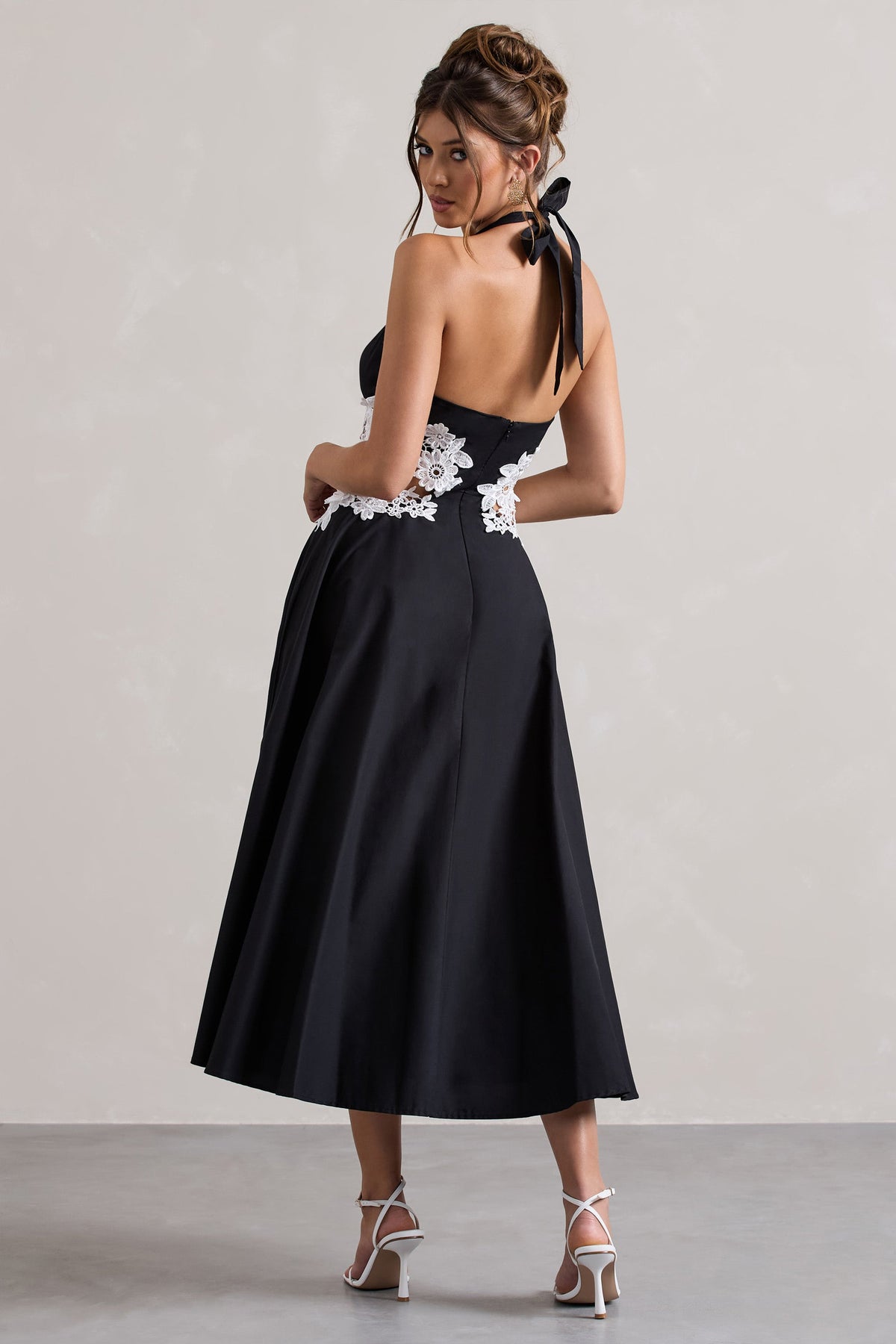 Windermere | Black Plunge Skater Midi Dress With Floral Cut-Out