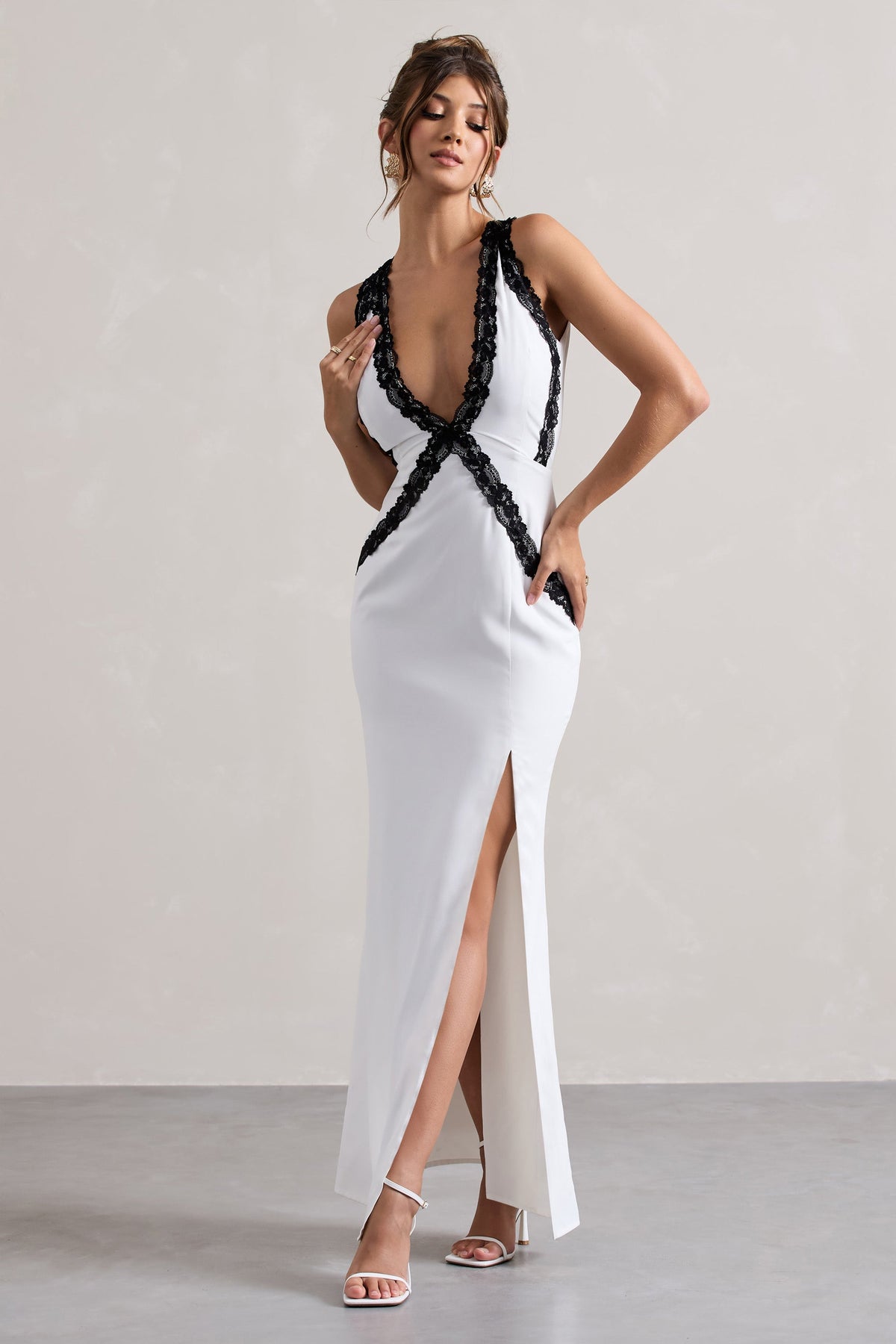 Cirilla | White Plunge-Neck Split Maxi Dress With Lace Detail